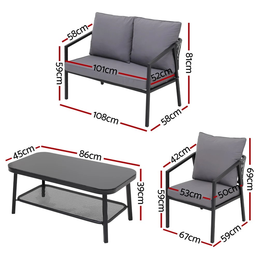 2 Gardeon 4 Seater Outdoor Sofa Set 4PCS Table Chair Setting Patio Furniture - Black, 2 of 4