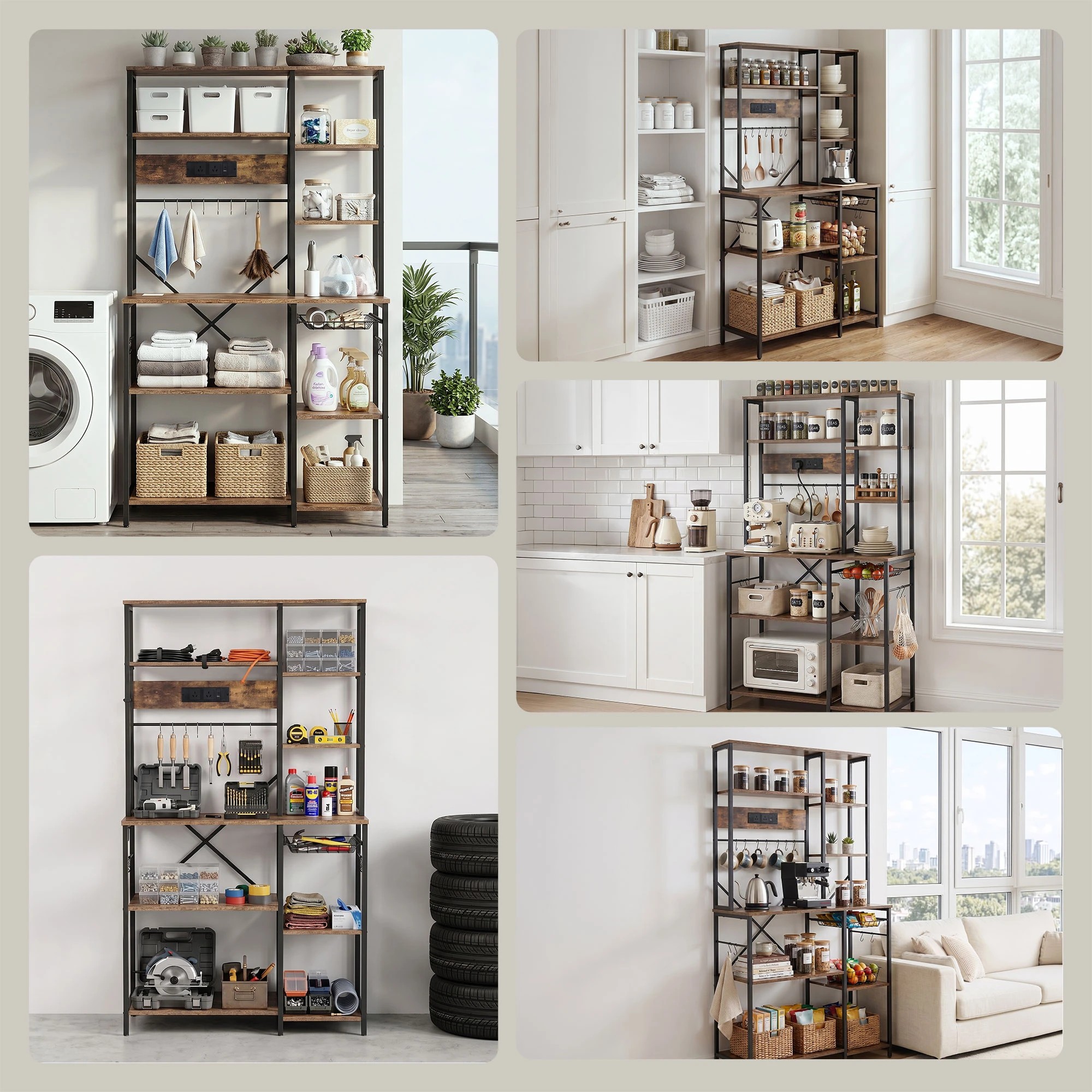 9 Artiss Kitchen Rack with Power Outlets Hooks Pull Out Basket 96CMX170CM Microwave Storage Shelf - Brown, 9 of 10
