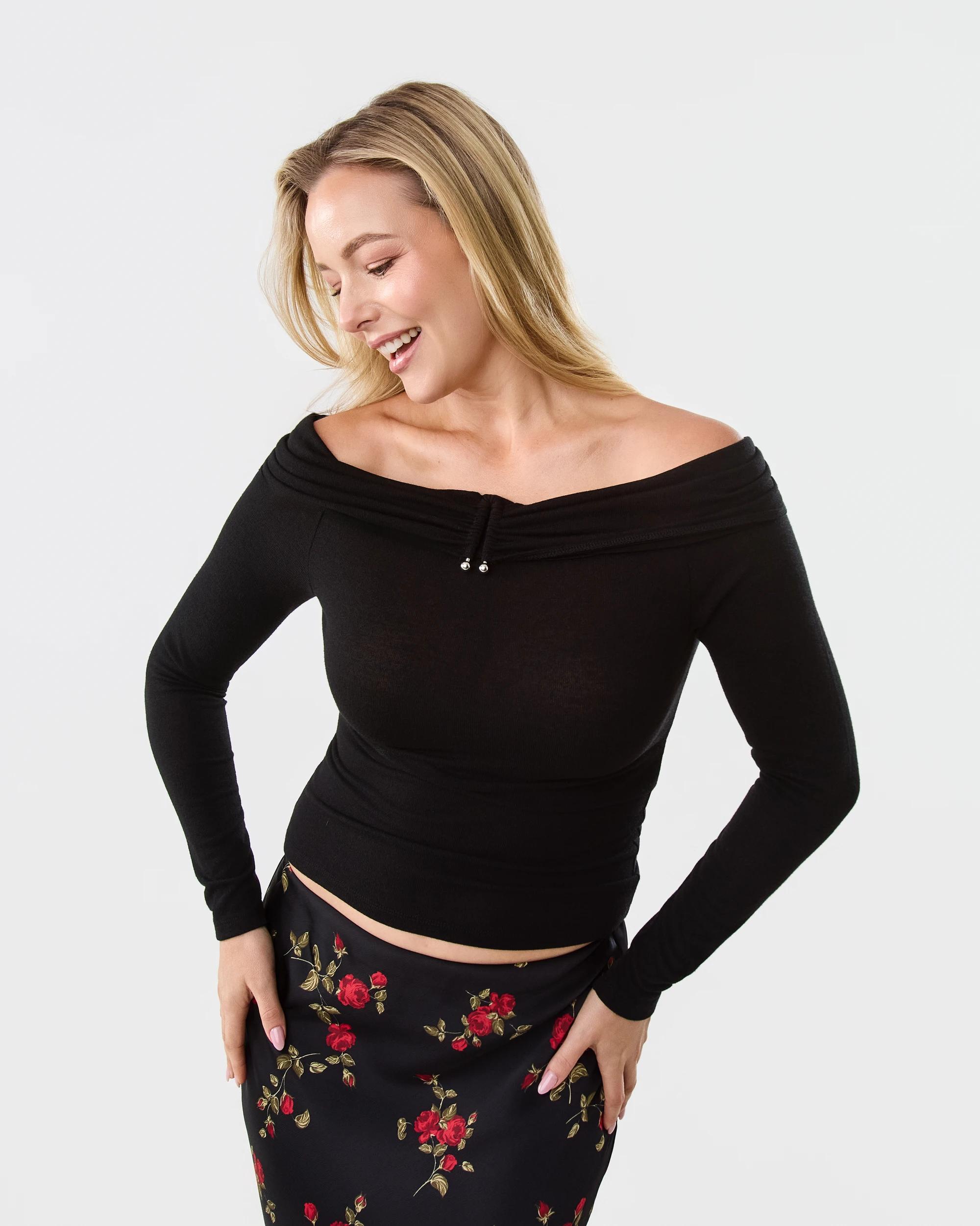 1 Long Sleeve Off Shoulder Detail Top Black, 1 of 7