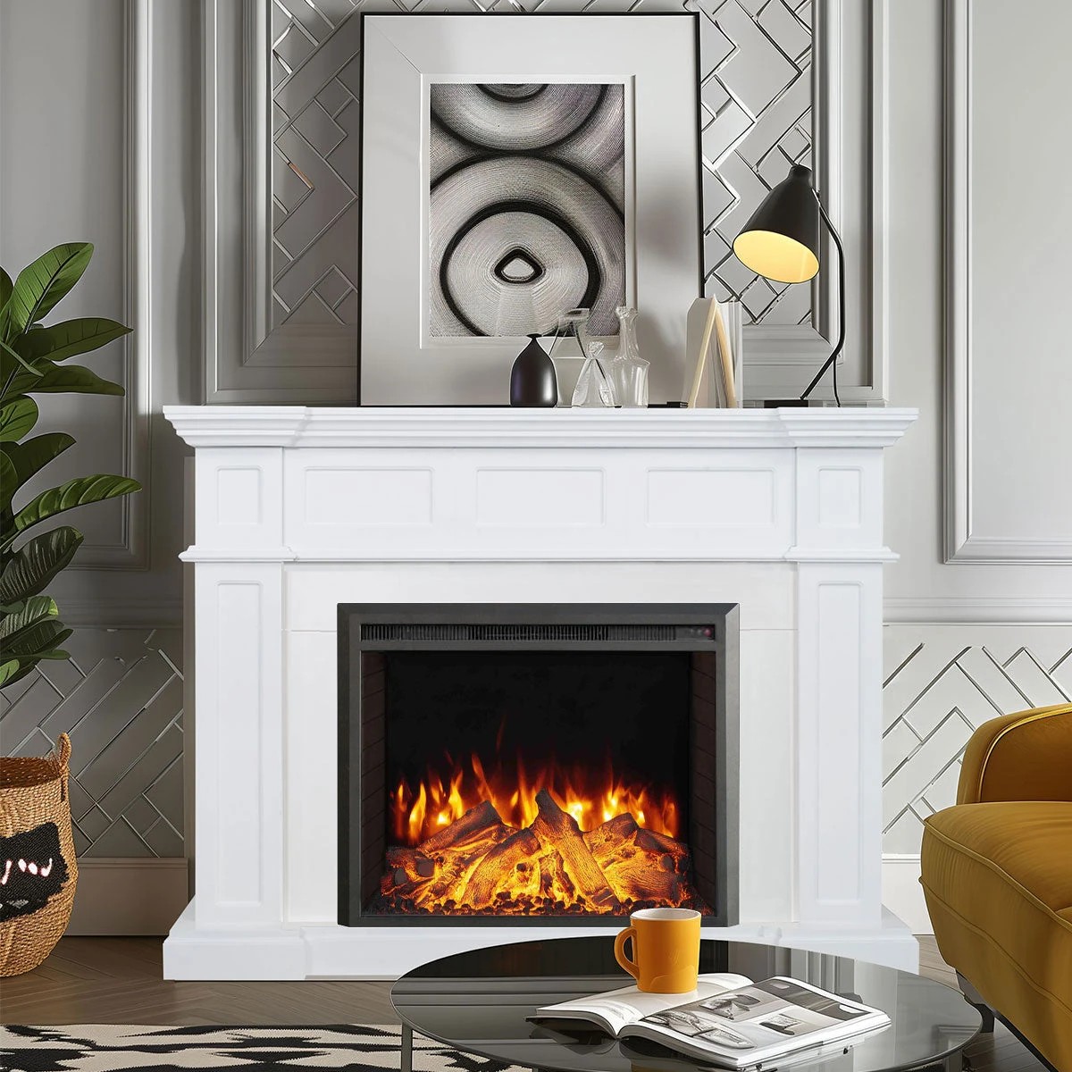 1 Moda Living Hudson Electric Fireplace Heater White Mantel Suite with Starlight Insert - White, 1 of 5