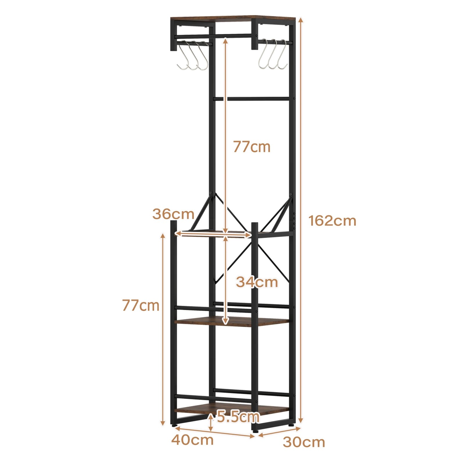 4 Costway Coat Rack Clothes Stand Hall Tree Shoe Rack w/Hook Shelf Hanging Rod Metal Storage Organiser - Brown, 4 of 4