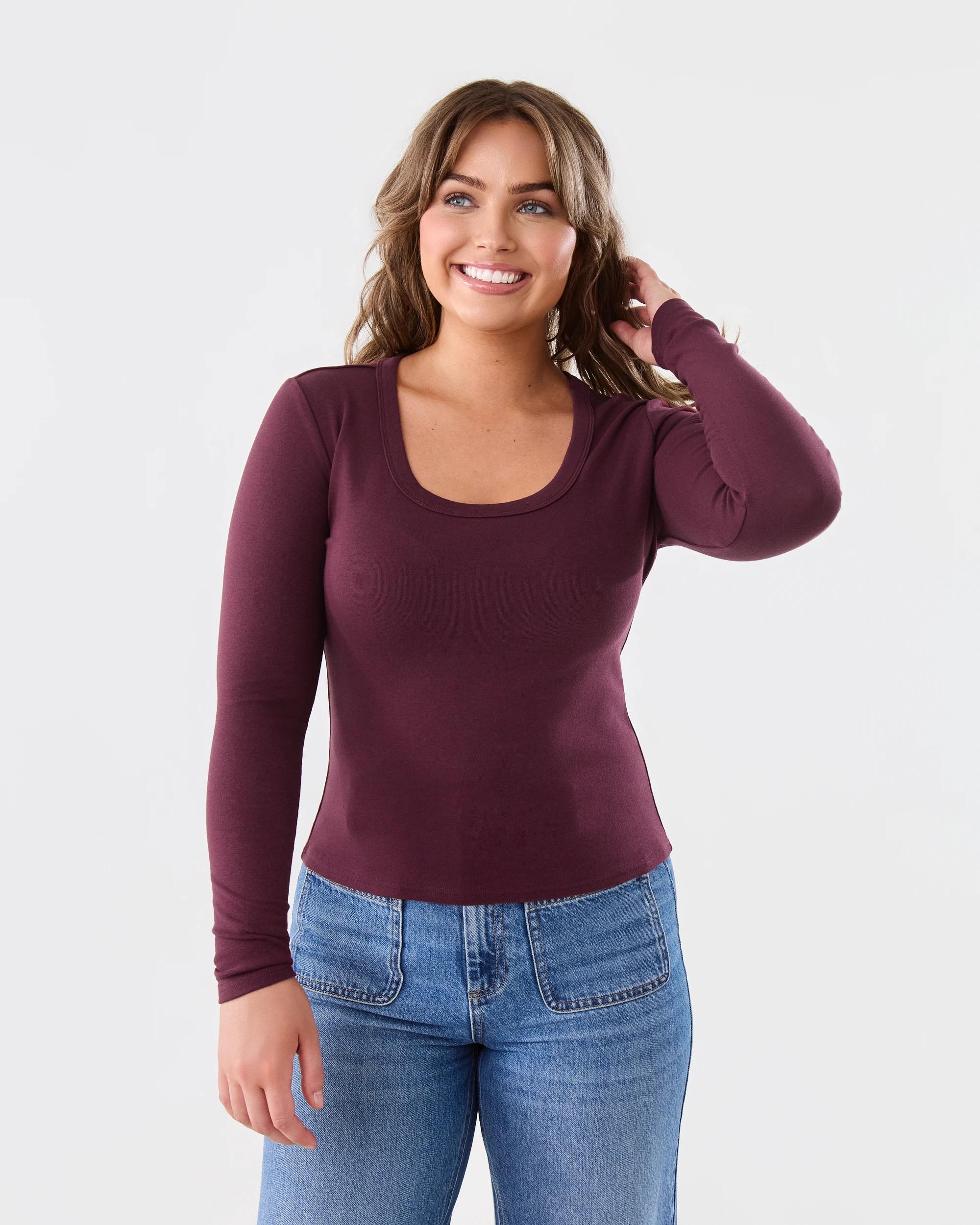 1 Long Sleeve Rib Scoop Neck T-shirt Burgundy, 1 of 5