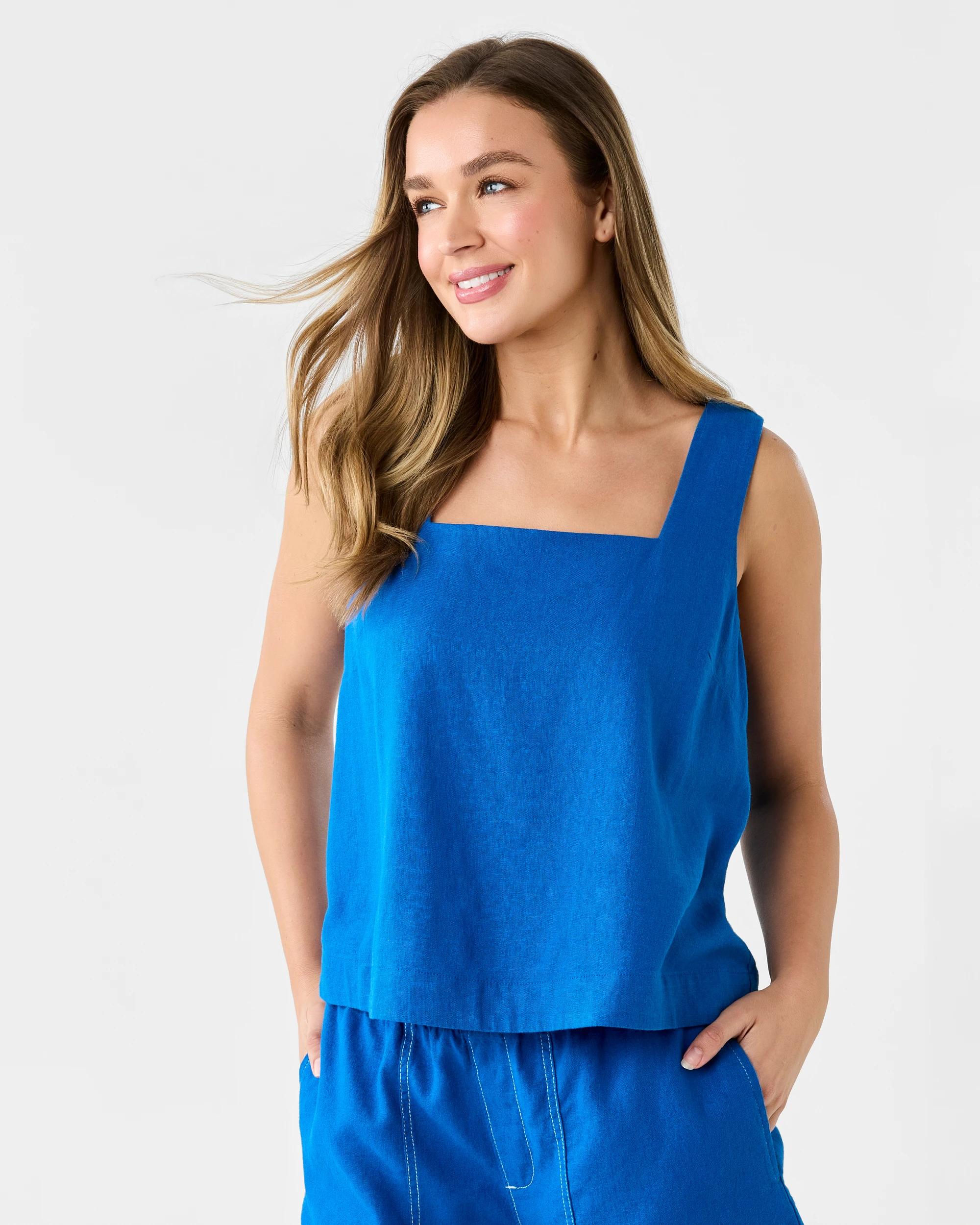 1 Sleeveless Linen Blend Square Neck Tank Sapp Blue, 1 of 7