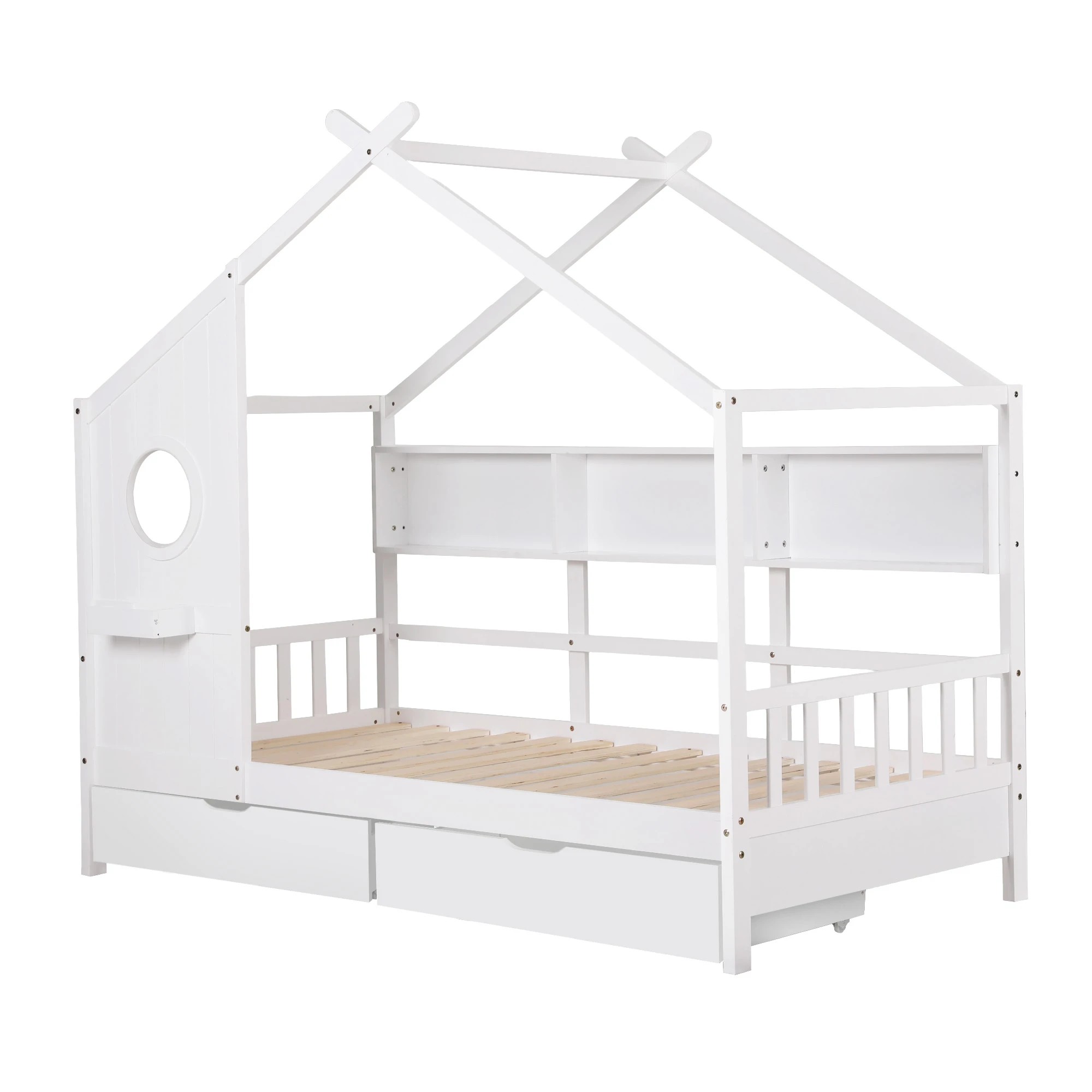 1 Artiss Kids Single Bed Frame with 3 Storage Bookcase & 2 Drawers House Bed Solid Wood Montessori Bed Easy - White, 1 of 3