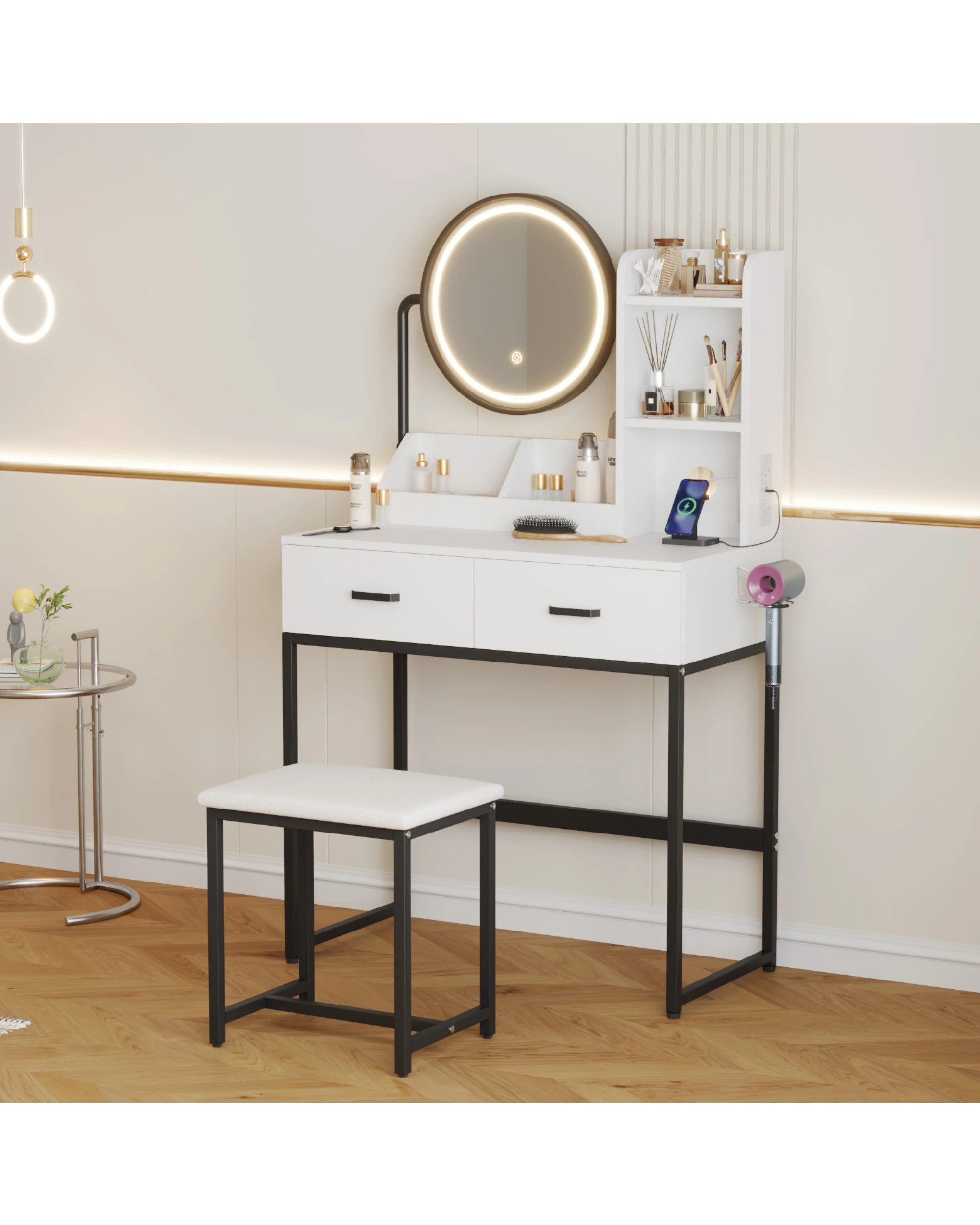 3 Advwin Dressing Table Set Power Outlet Led 360° Adjustable Mirror, 3 of 9