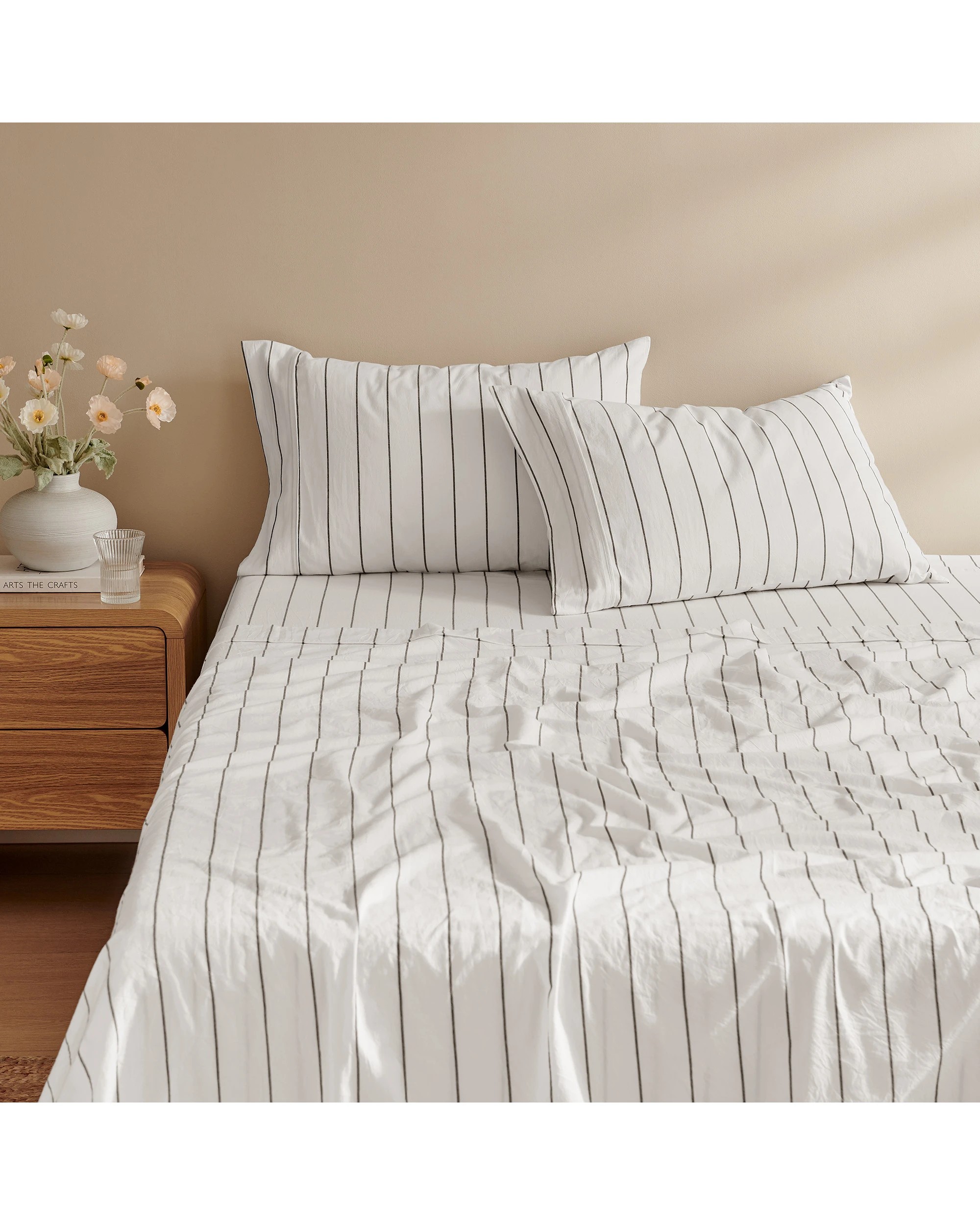 2 Dreamaker Rumi Stripe Washed Cotton Sheet Set - King Single Bed - White with Graphite, 2 of 7