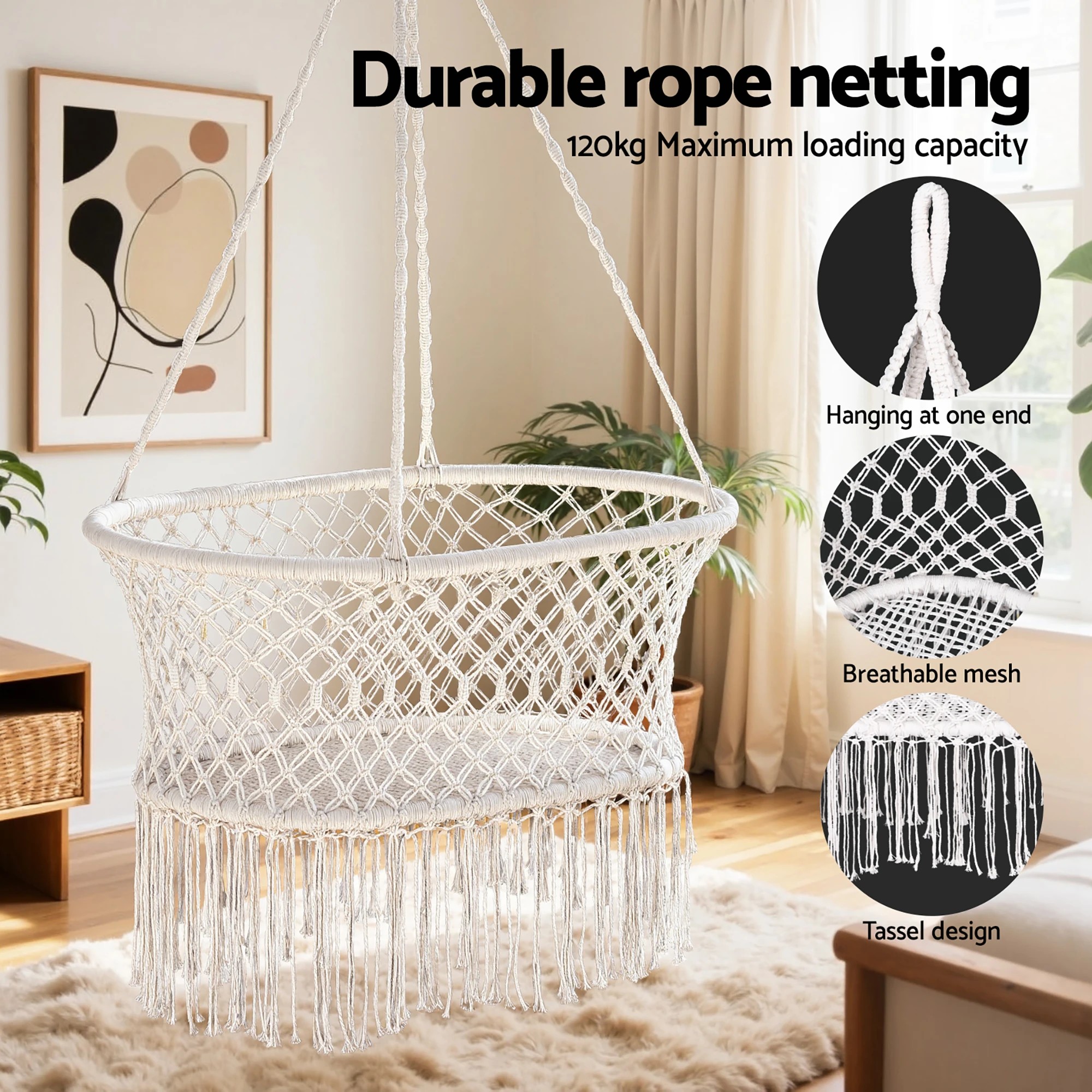 4 Gardeon Hammock Chair Cotton Swing Chair Outdoor Indoor - Beige, 4 of 6