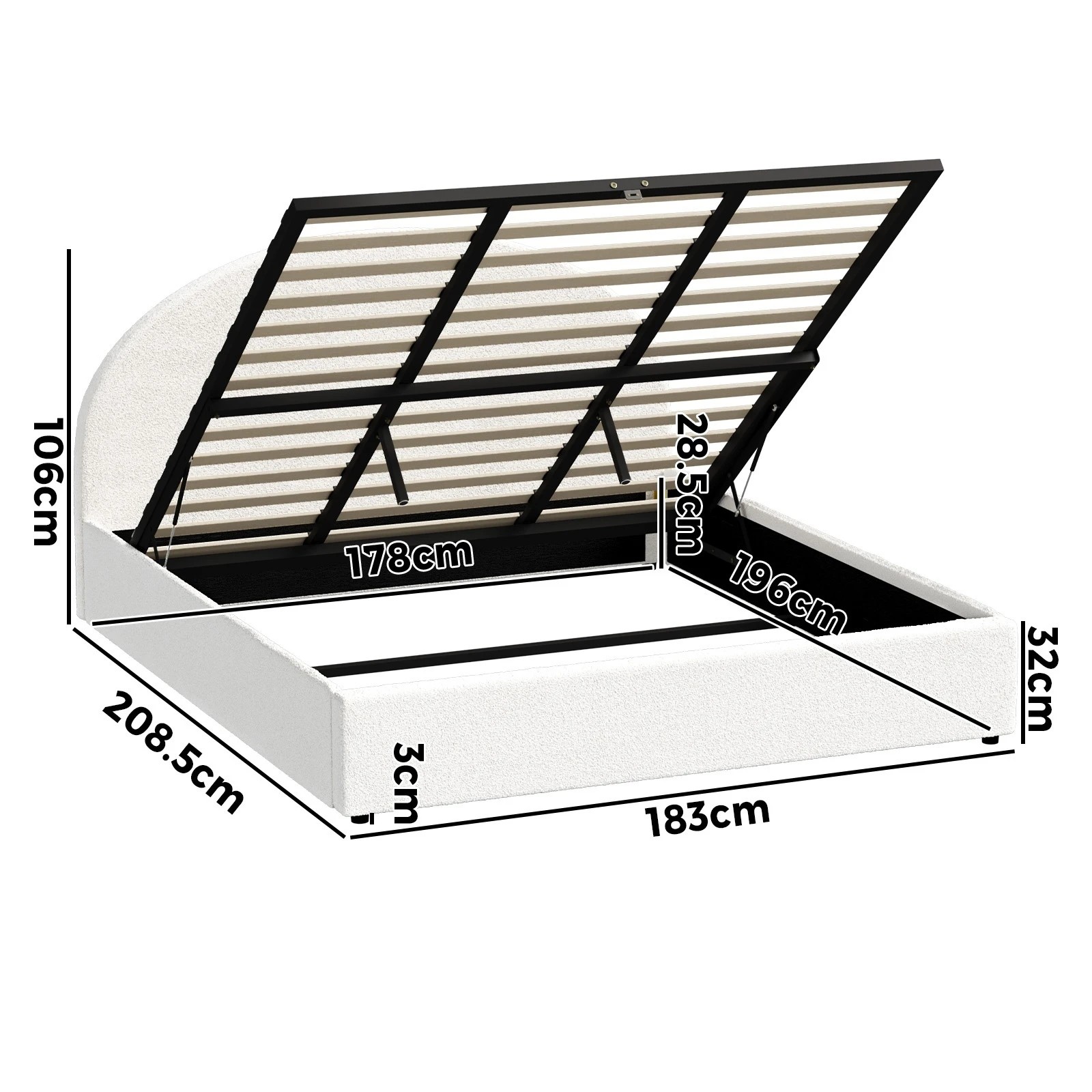 2 Oikiture Bed Frame King Size With Gas Lift Storage Base LED Lights Boucle - White, 2 of 8