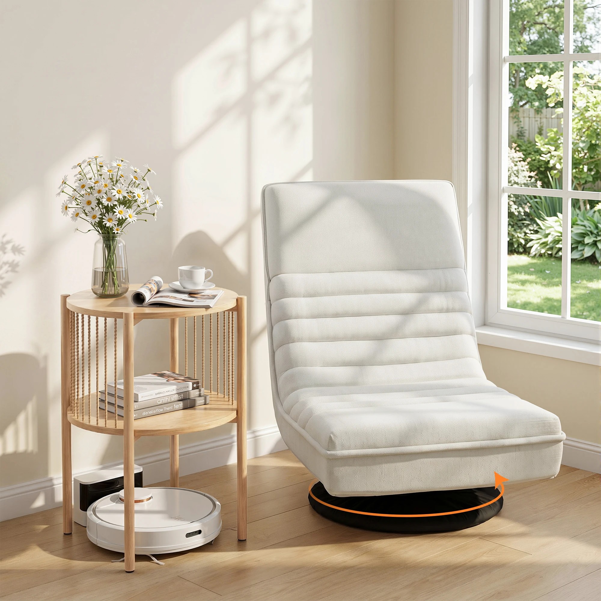7 Artiss Floor Lounge Folding Swivel Sofa Chair and 2 Tier Round End Side Table Set - White, 7 of 7
