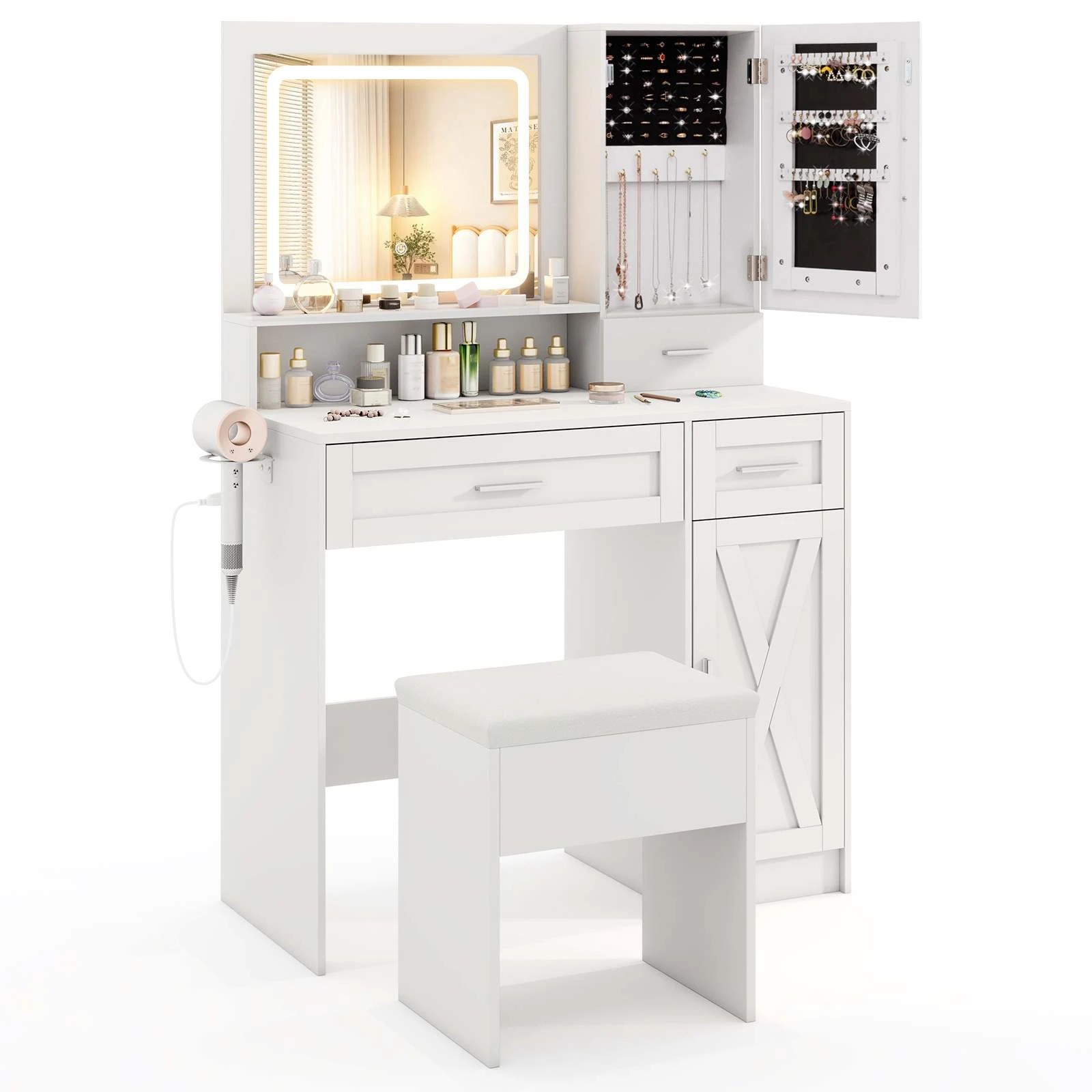 4 Costway Dressing Table Makeup Vanity Table and Stool Set w/Mirror & 3-Color LED Lights, 4 of 4