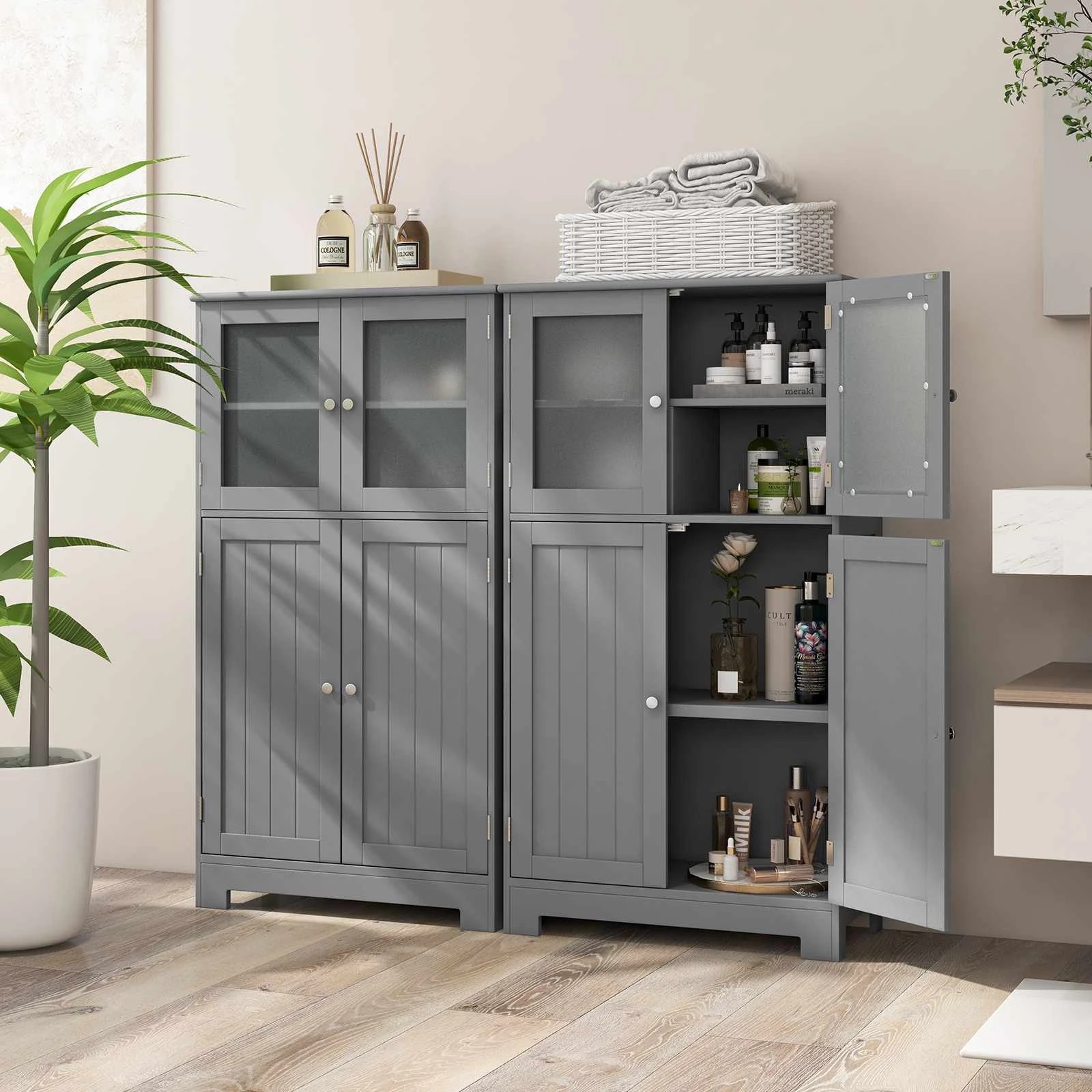 3 Costway Bathroom Cabinet Toilet Storage Cupboard Organizer w/Shelf & 4 Doors - Grey, 3 of 4