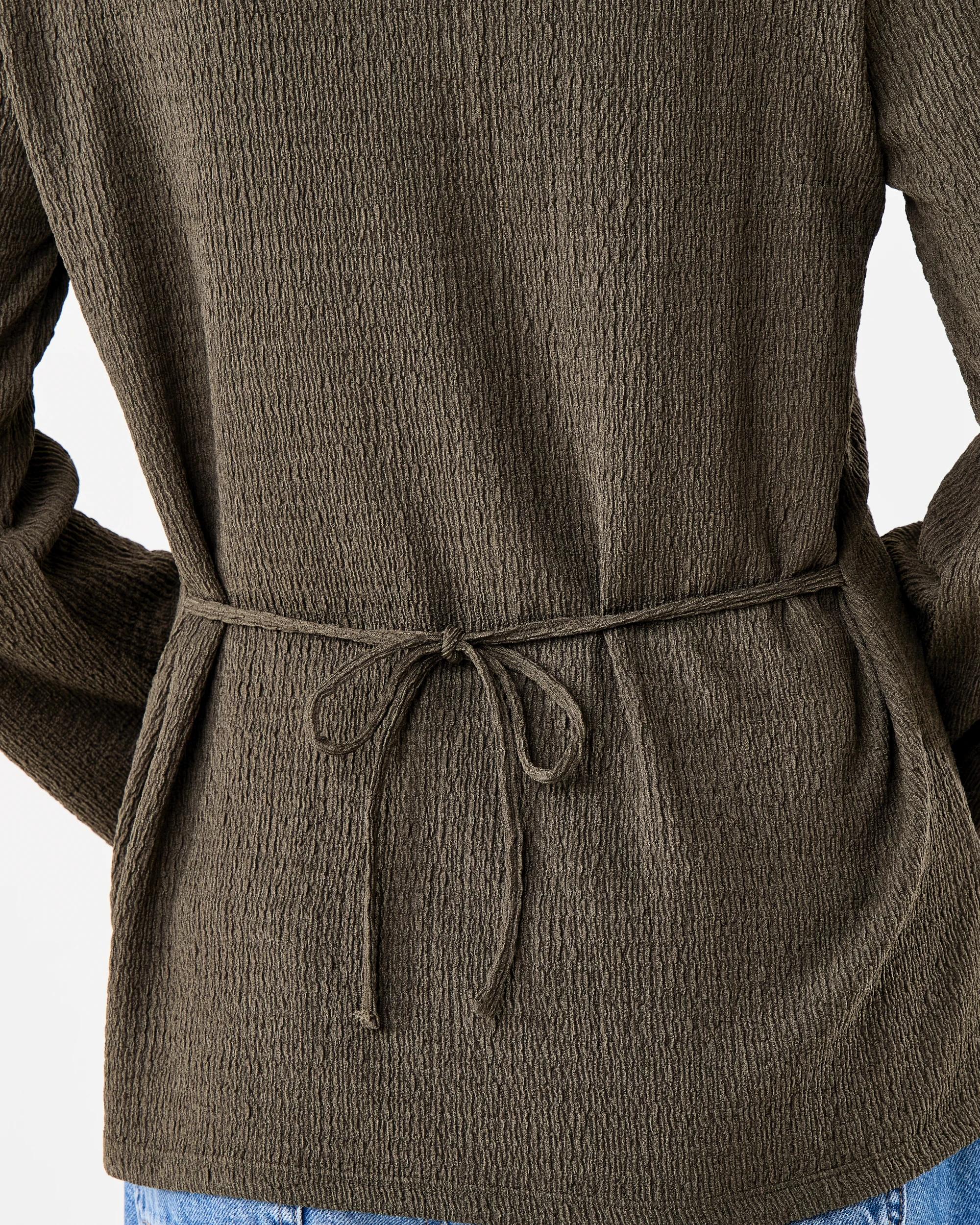 7 Long Sleeve Textured Tie Back Shirt Deep Olive, 7 of 7