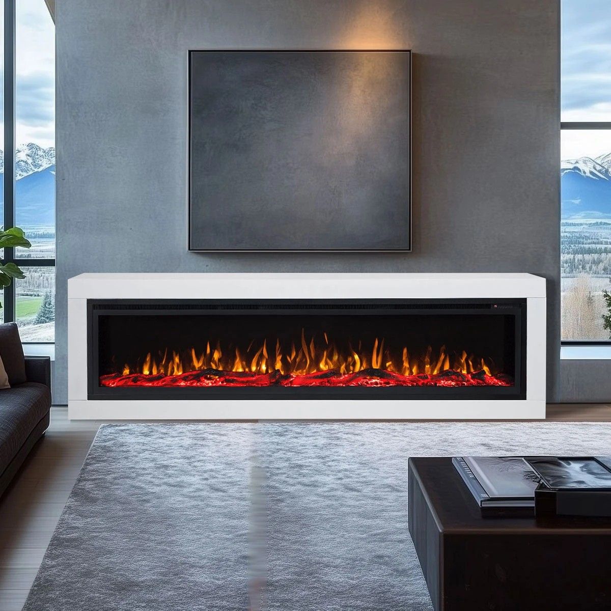1 Moda Living Concerto 72 inch Electric Fireplace Insert with Horizon White Mantel Suite - White, 1 of 6