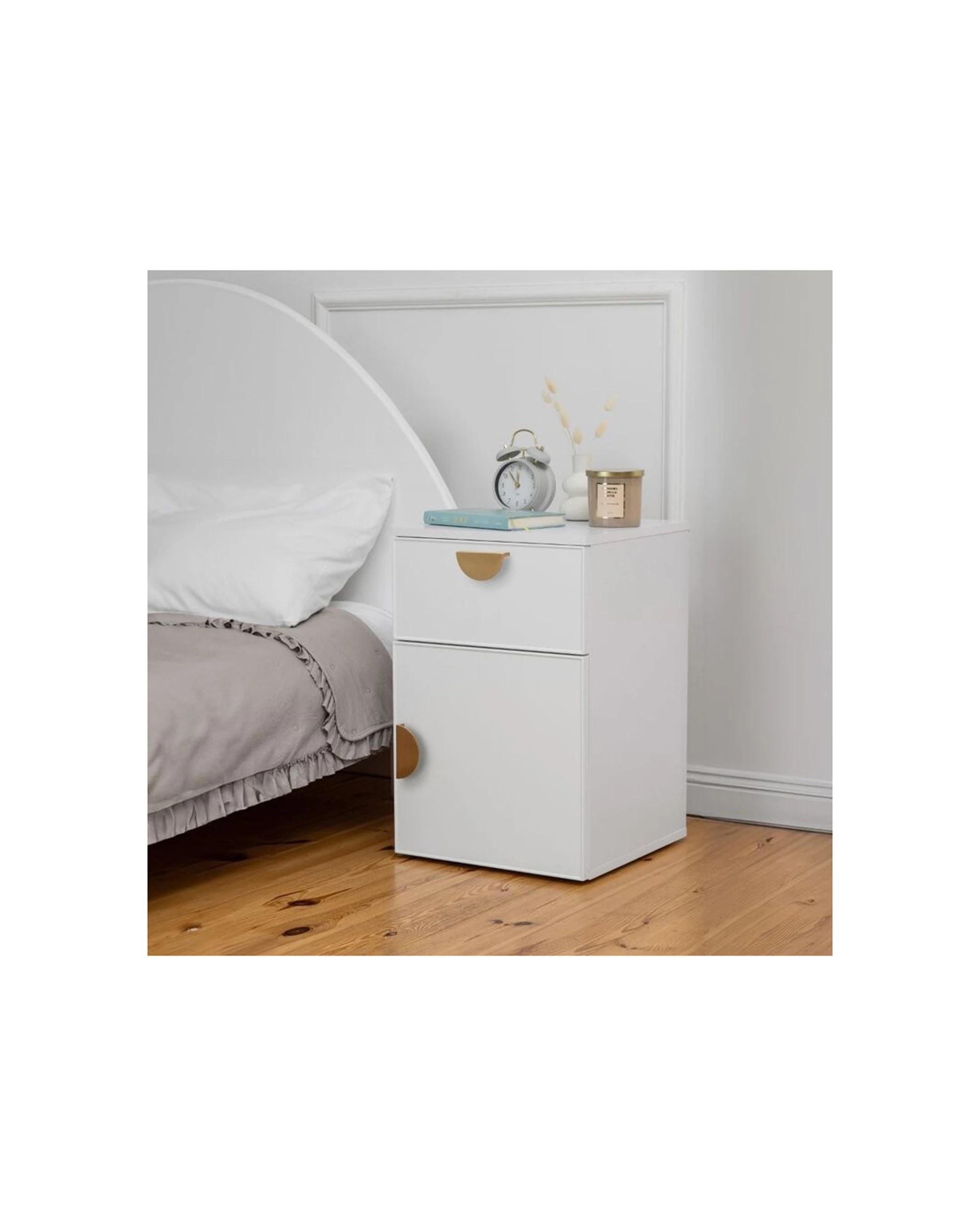2 European Cabinetry Porto Bedside Table Slim Front Brass Half Moon Handle - White, 2 of 4