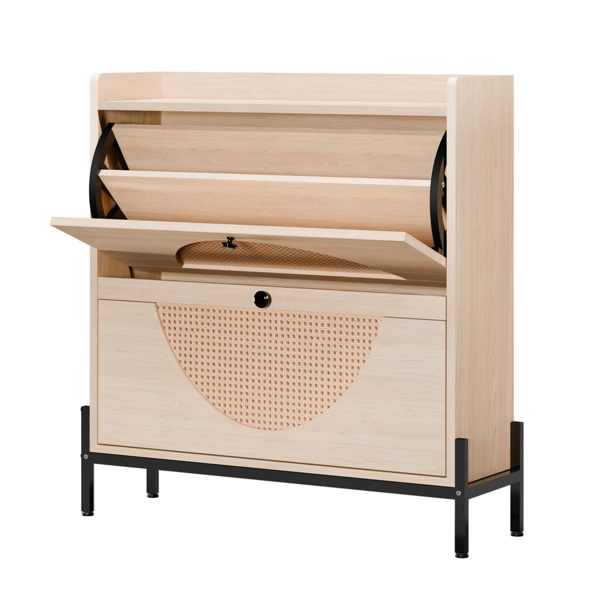 1 LUXSUITE Oak Shoe Rack Cabinet Rattan Drawers Wooden Storage Cupboard Slim Narrow Footwear Organiser Shelf Metal Legs, 1 of 6
