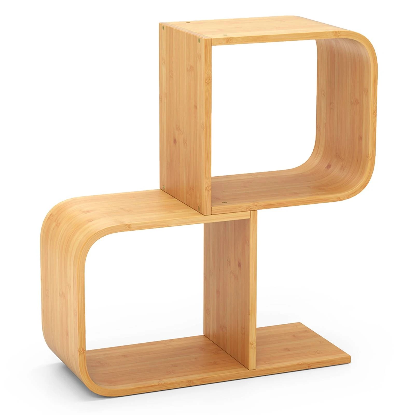 1 Costway S-Shaped Bamboo Bookshelf Bookcase 2 Cubes Geometric Corner Display Shelf - Natural, 1 of 4