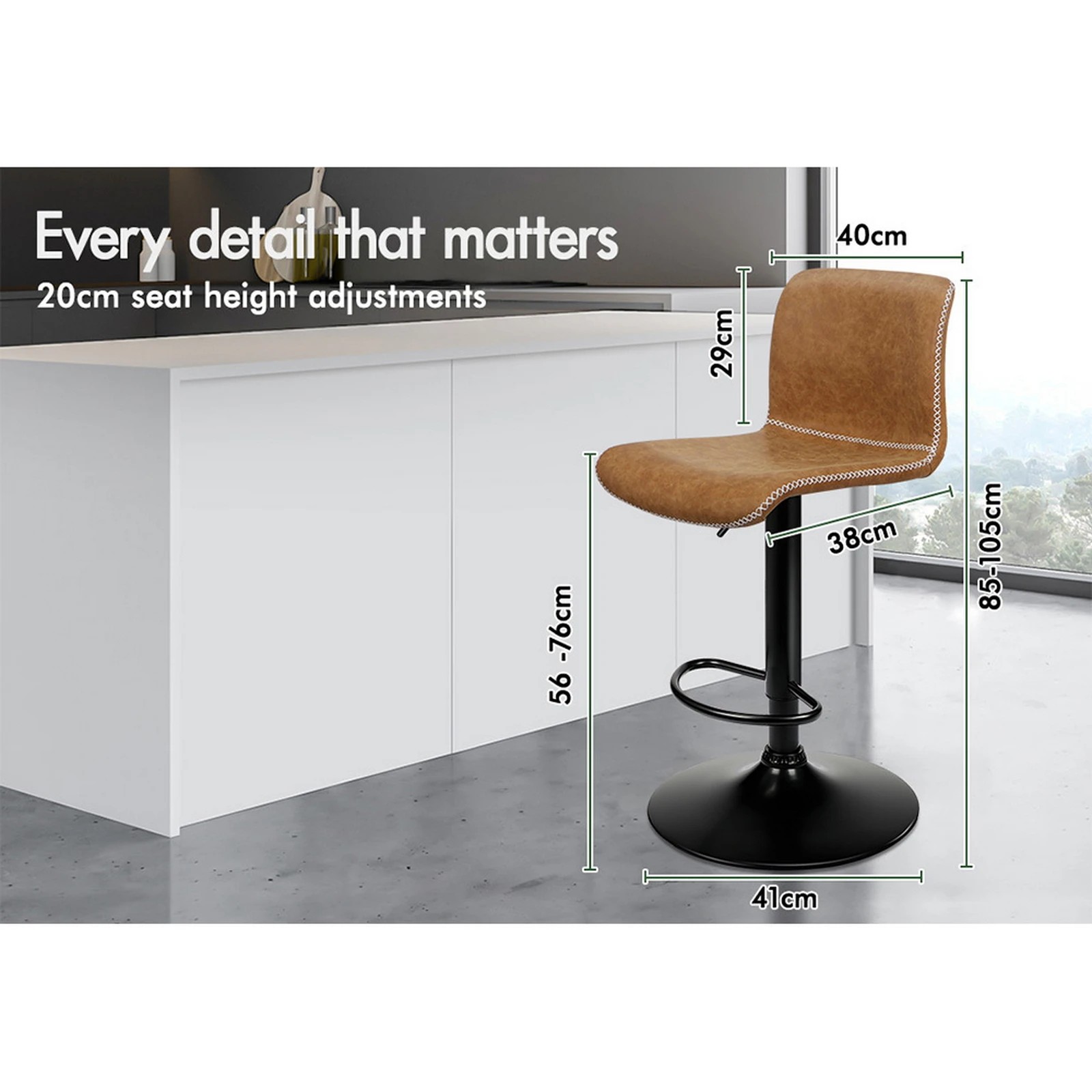 8 Alfordson 2x Bar Stools Remy Kitchen Gas Lift Swivel Chair Vintage Leather - Brown, 8 of 10