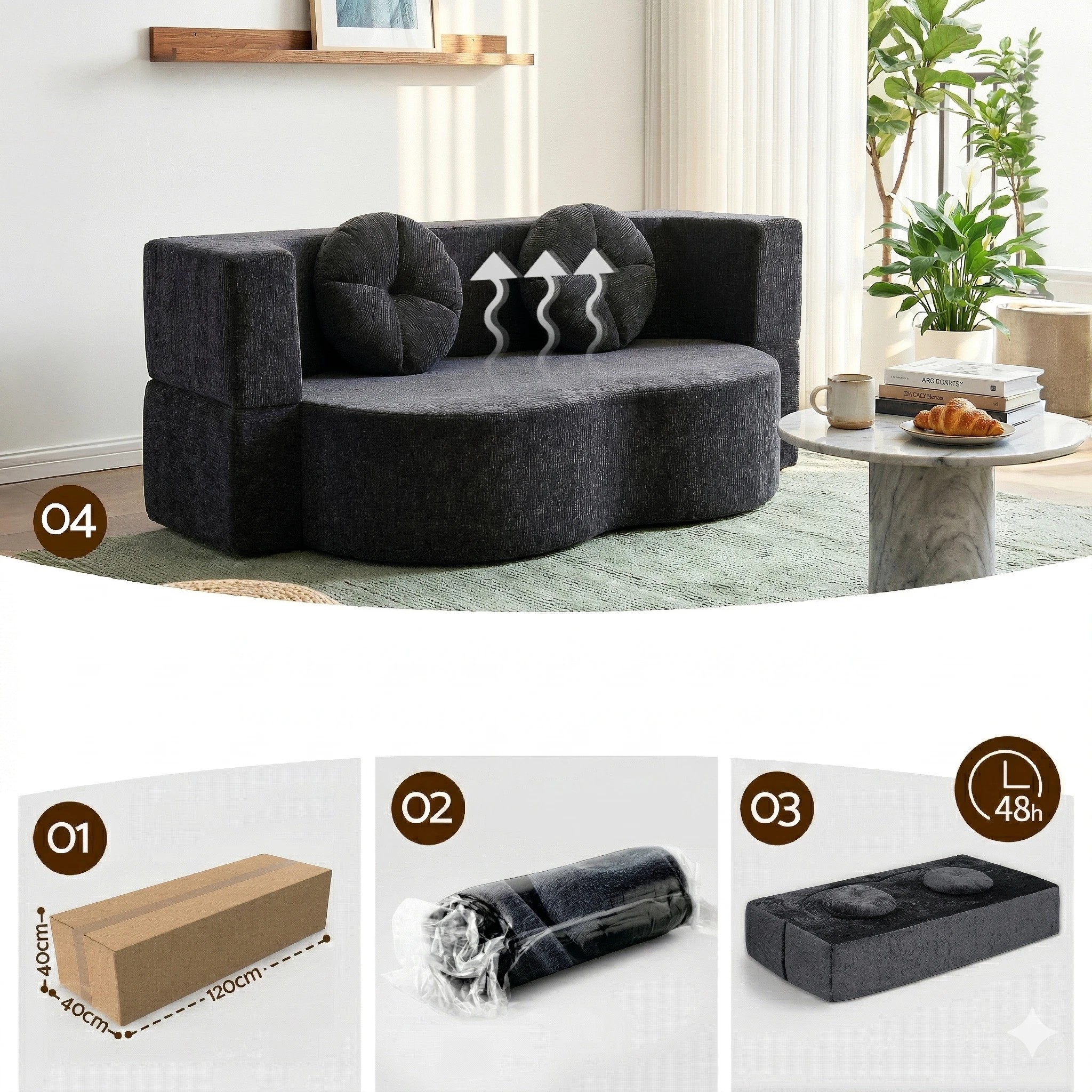 5 Artiss Convertible Compressed Sofa Bed 2 in 1 Comfort Curved Sleeper Couch - Grey, 5 of 9