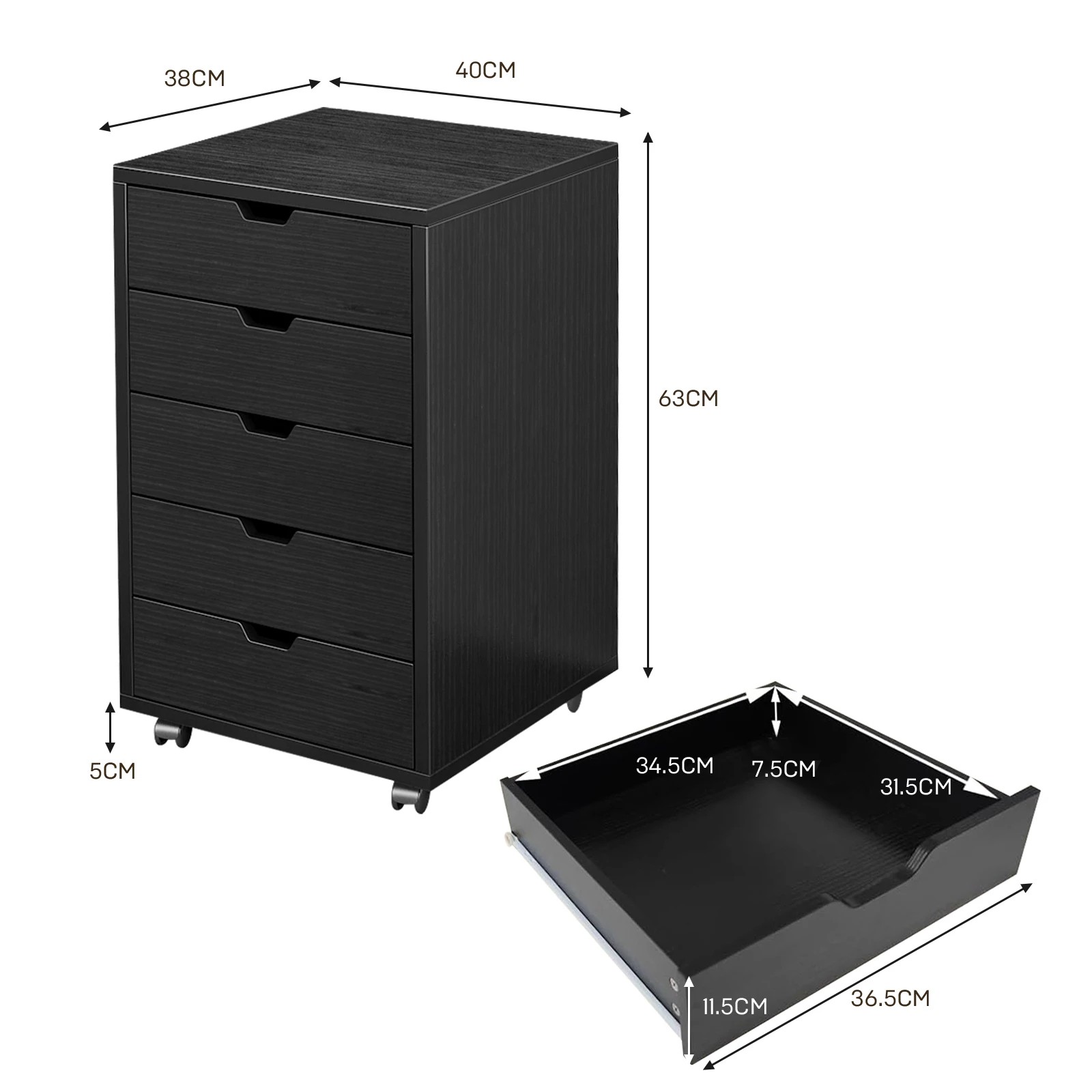 5 Ausway 5 Drawer File Cabinet Mobile Document Filing Organiser Home Office Storage Chest Cupboard, 5 of 5