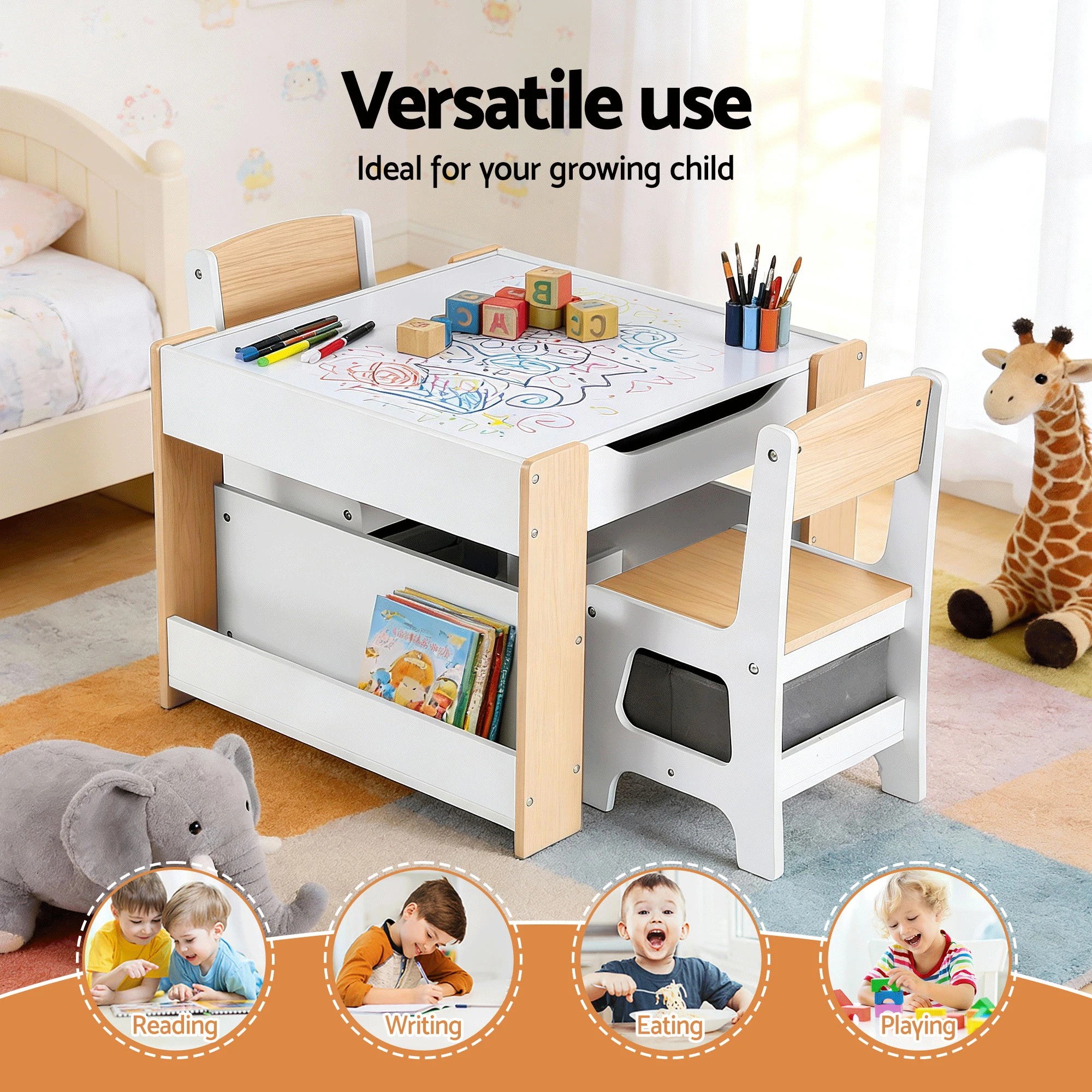 3 Keezi Kids Table and Chair Set 4 in 1 Wooden Activity Table with Bookcase Stor - Natural, 3 of 5