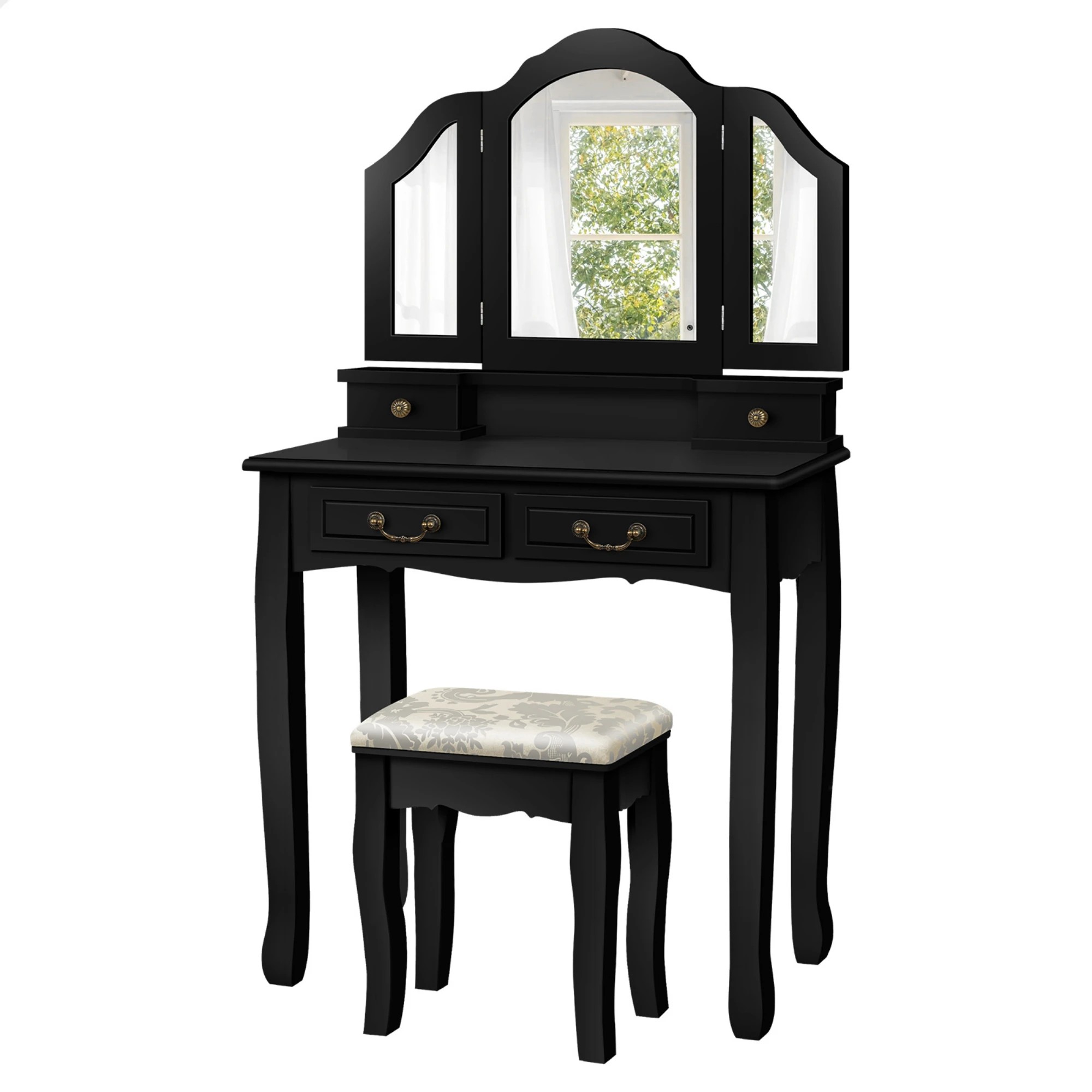 1 Alfordson Dressing Table Stool Set Makeup Foldable Mirror Vanity Desk - Black, 1 of 10