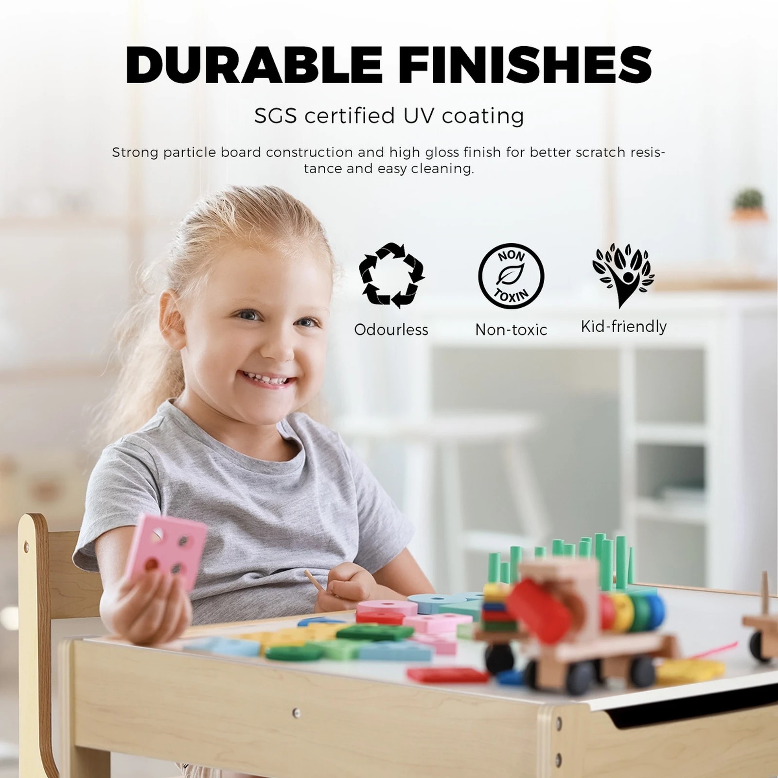 4 Oikiture Kids Table And Chairs Set Activity Play Study Desk Toys Storage Box
 - Natural, 4 of 10