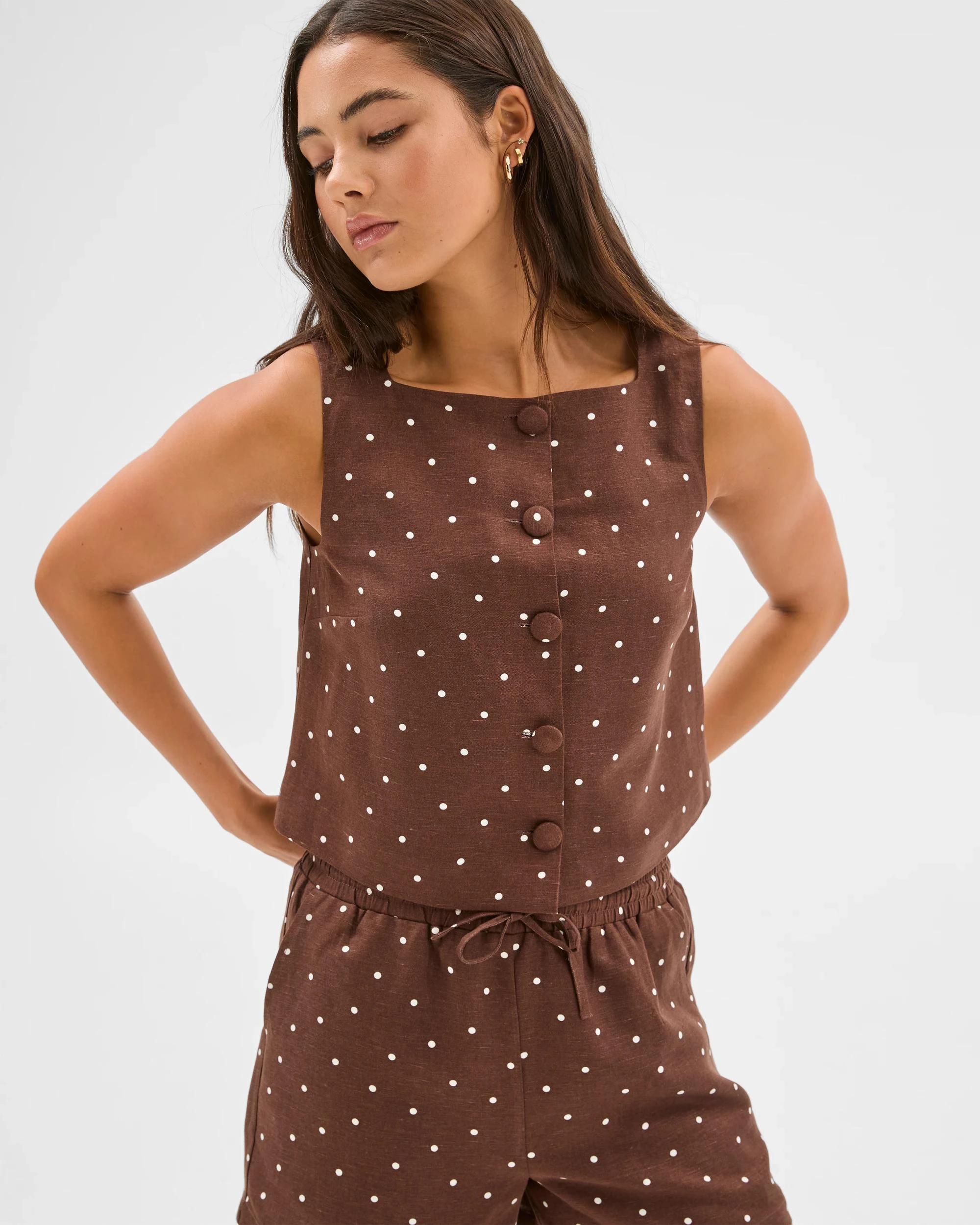 2 European Linen Blend Button Through Shell Top - Lily Loves ESPRESSO SPOT, 2 of 6