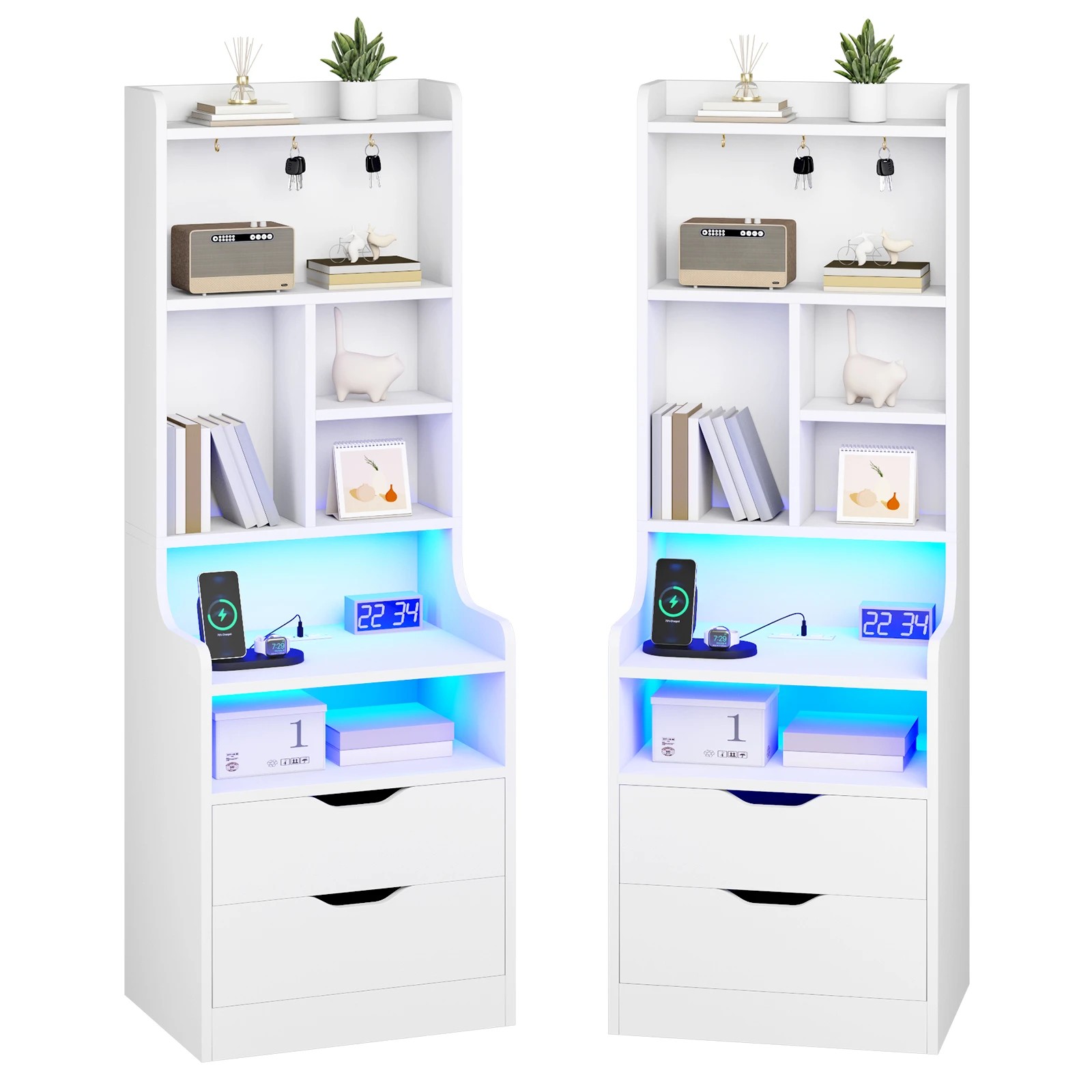 1 Advwin Set of 2 Tall LED Nightstand with Charging Station, 3 Drawers, Shelves & Hooks - White, 1 of 9