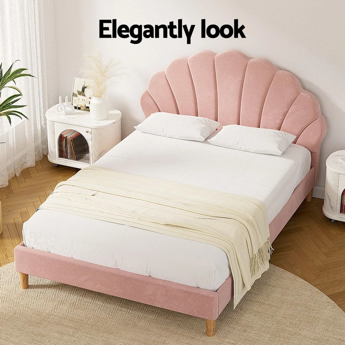 5 Artiss Bed Frame Double Size Scallop-Shape Bedhead Base Upholstered Bedroom Furniture - Pink, 5 of 7