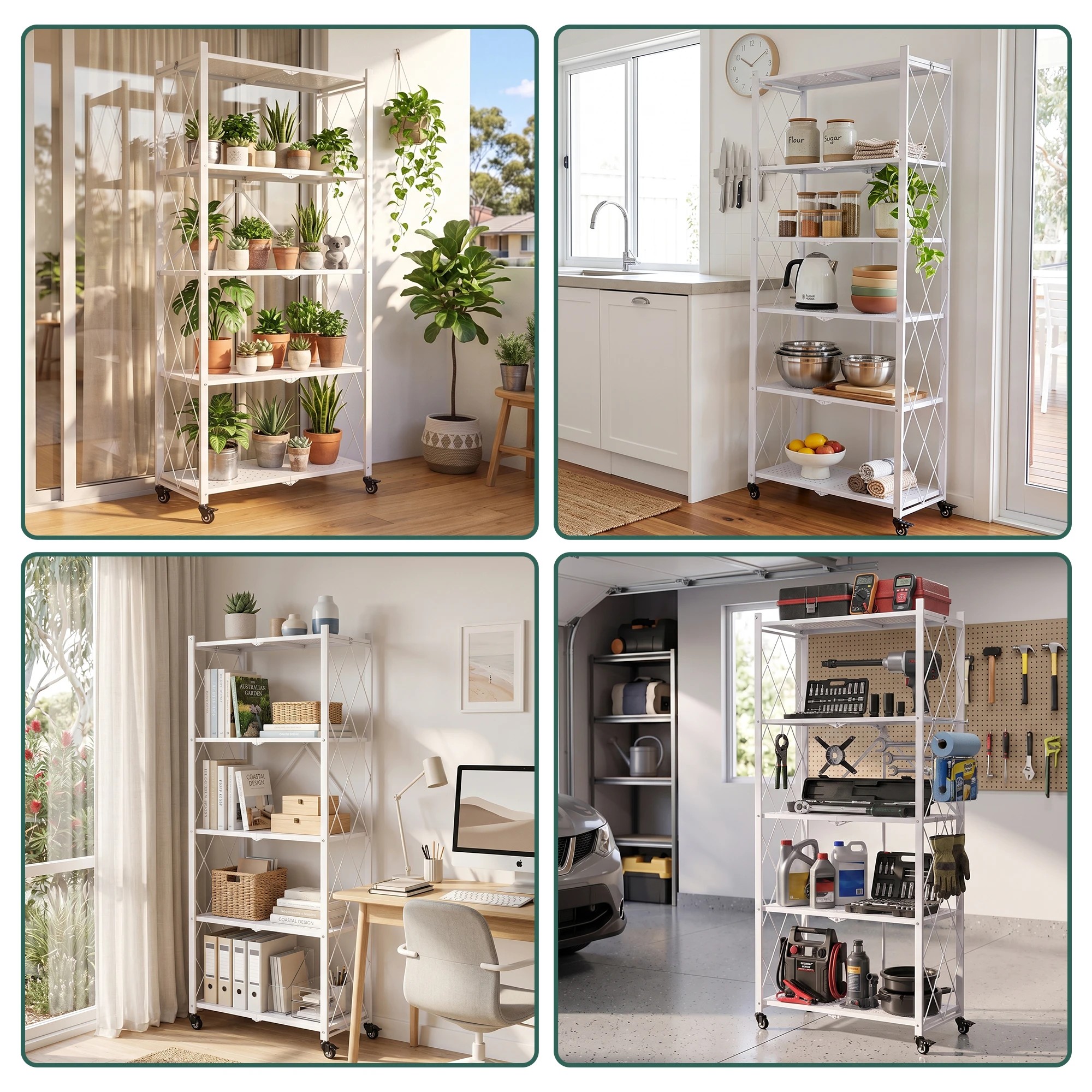 9 Artiss 5-Tier Foldable Kitchen Bakers Rack with Wheels 71x34x160cm Metal Microwave Stand 25kg Capacity Per - White, 9 of 10
