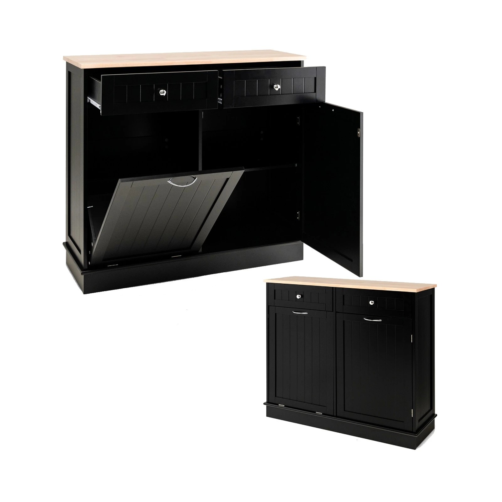 1 Costway Kitchen Cabinet w/Trash Bin Black, 1 of 5