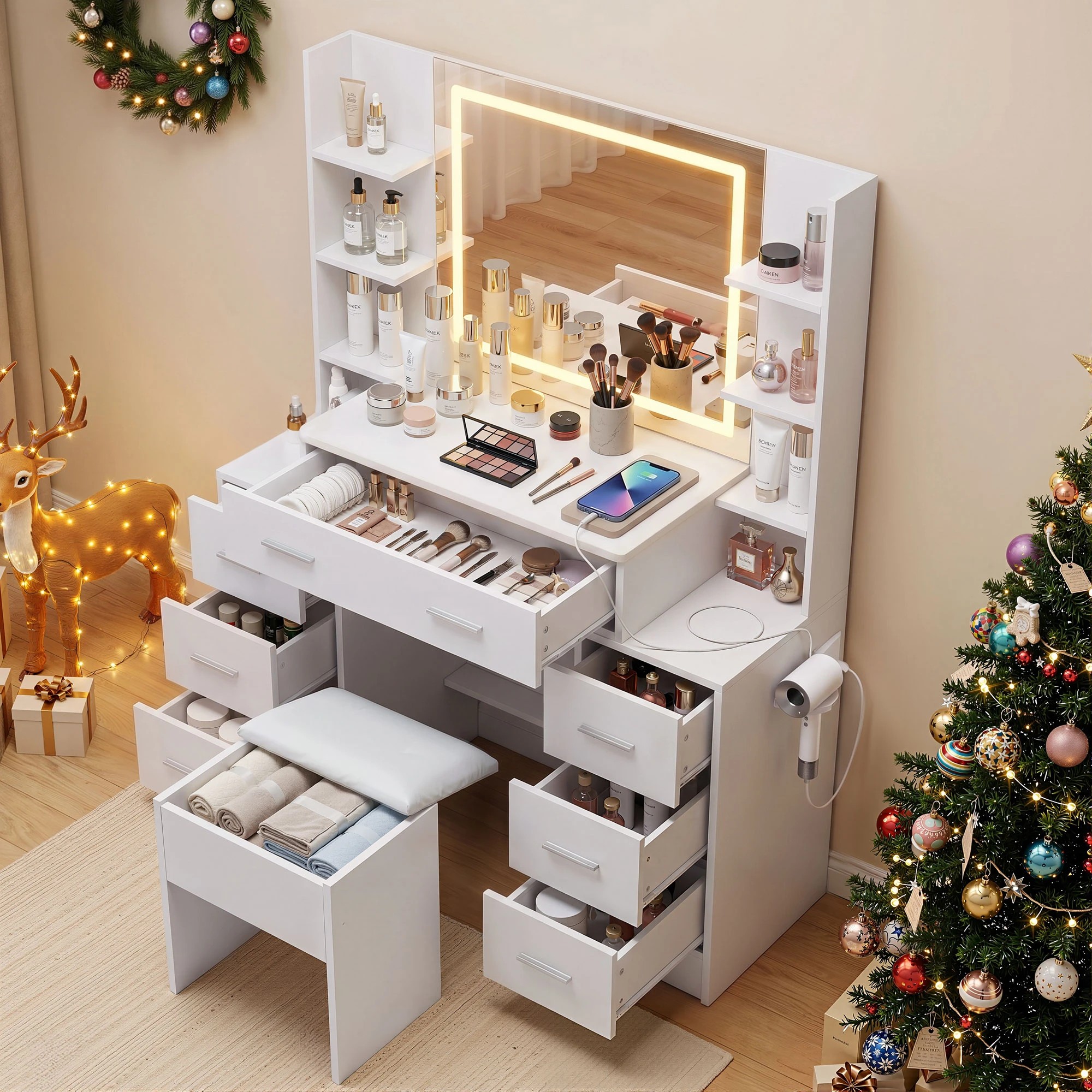 4 Artiss Dressing Table LED Vanity Desk Set Stool Charging Station Mirror - White, 4 of 8