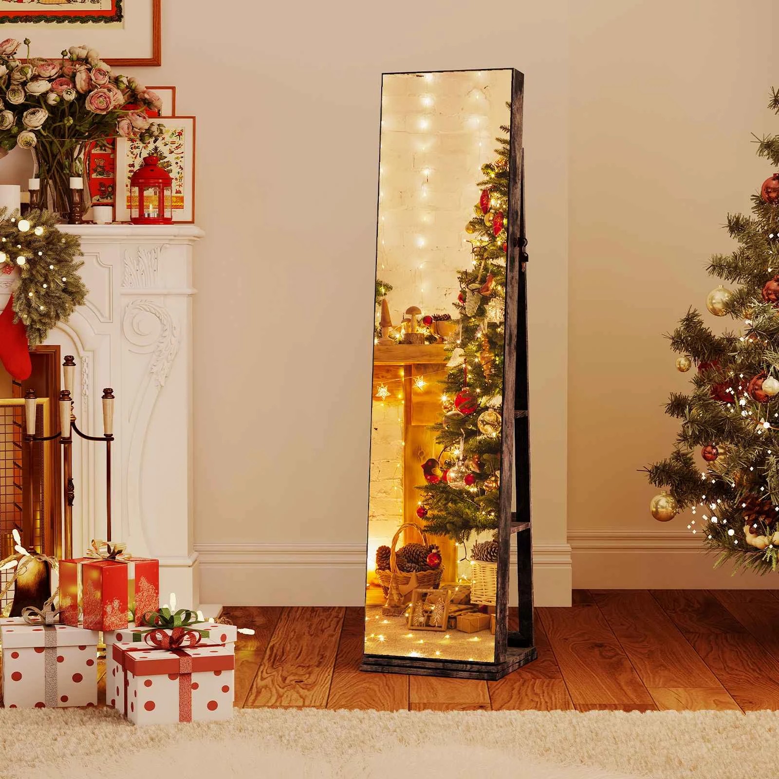 2 Costway 360° Swivel Jewelry Cabinet Lockable Freestanding Jewellery Storage Organiser - Brown, 2 of 5