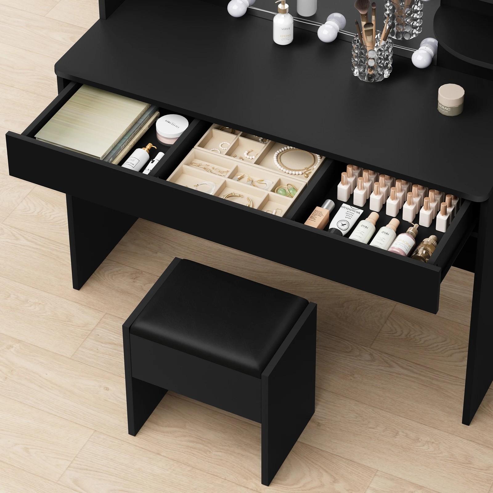 5 Alfordson Dressing Table Stool Set Makeup Mirror Desk LED 10 Bulbs - Black, 5 of 10