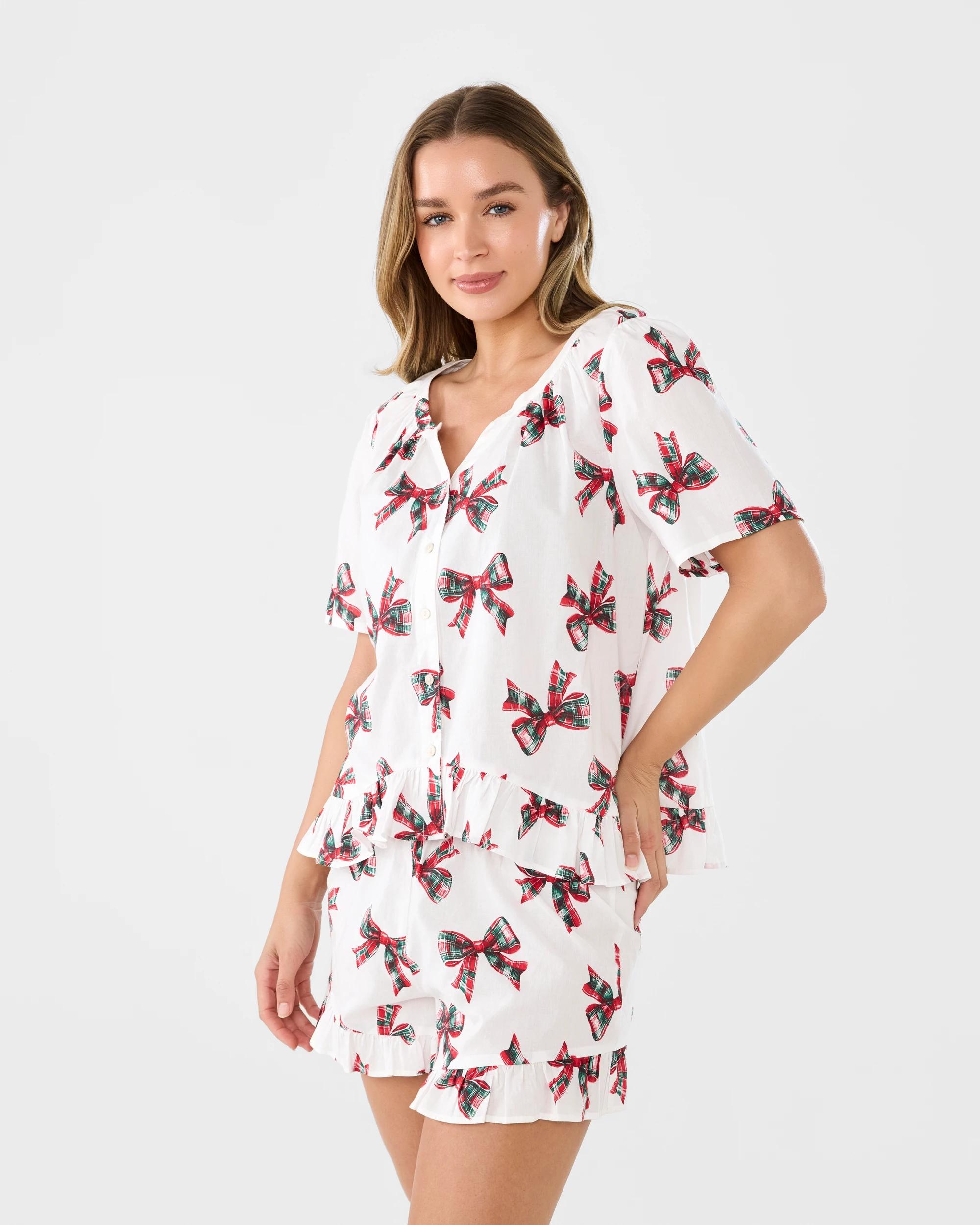 2 Short Sleeve Ruffle Woven Top & Shorts Pyjama Set Xmas Bows, 2 of 10