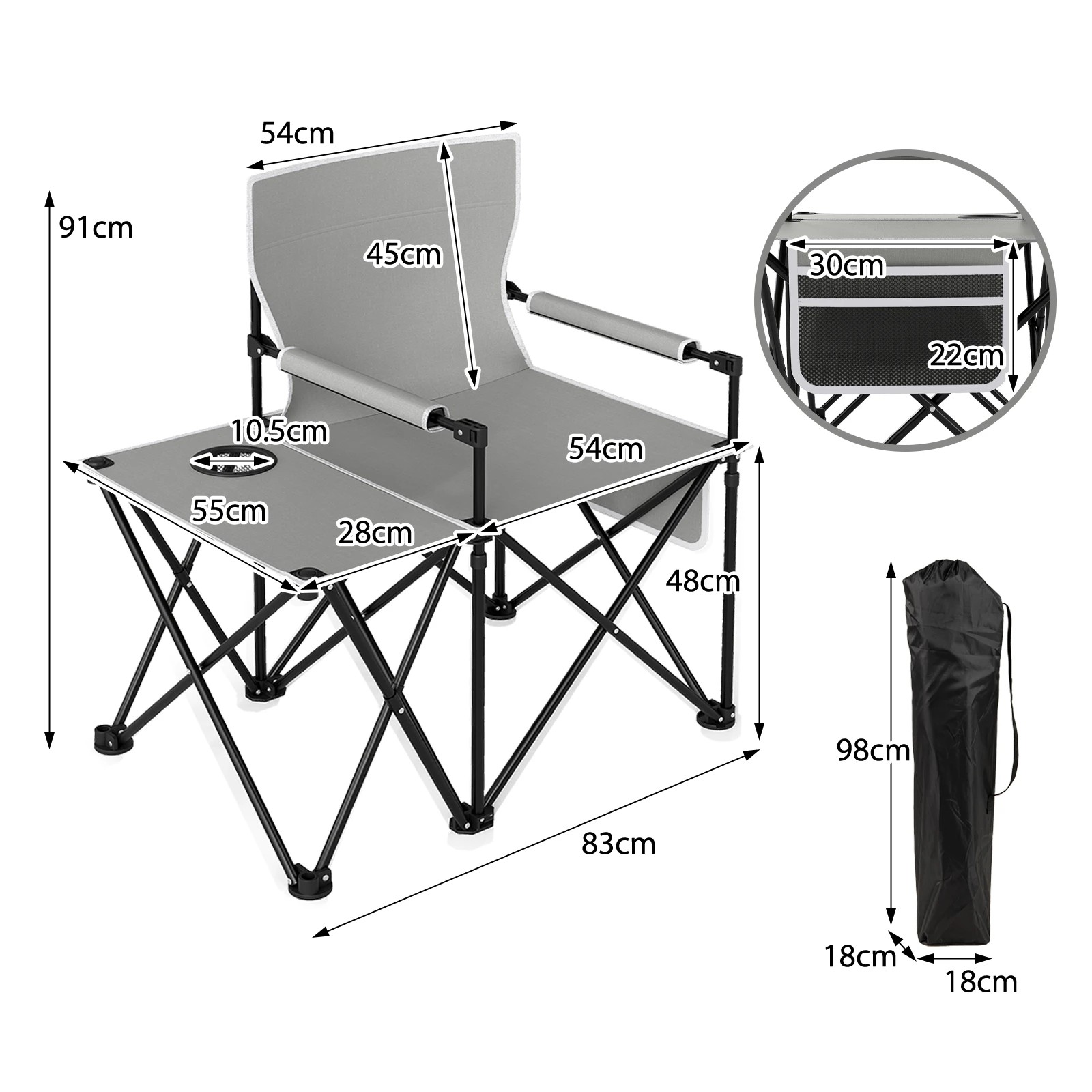 3 Costway Folding Camping Chair w/Side Table 2 Storage Pockets Cup Holder Picnic Chair - Grey, 3 of 3