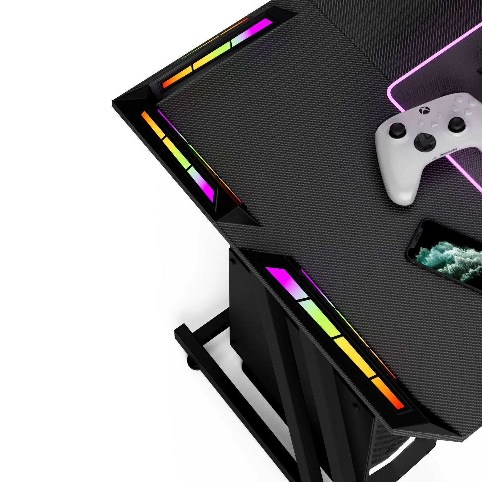 9 Advwin 140cm LED RGB Gaming Desk Carbon Fiber Surface Computer Desk with Cup Holder Headphone Hook, 9 of 10