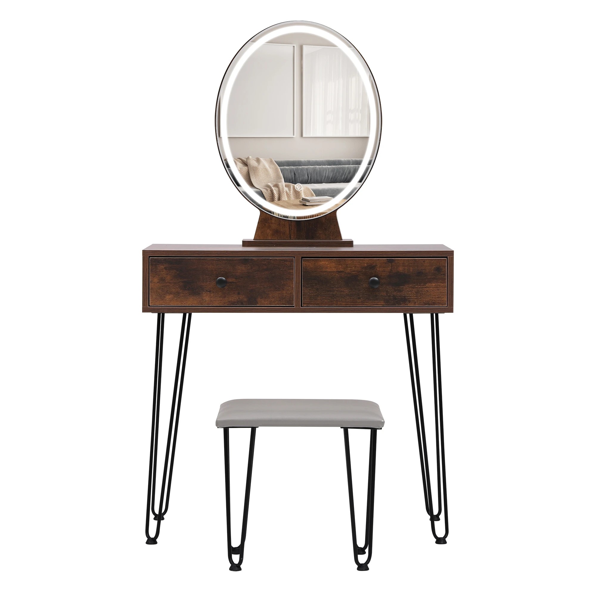 2 Levede Led Mirror Dressing Table Set - Brown, 2 of 9