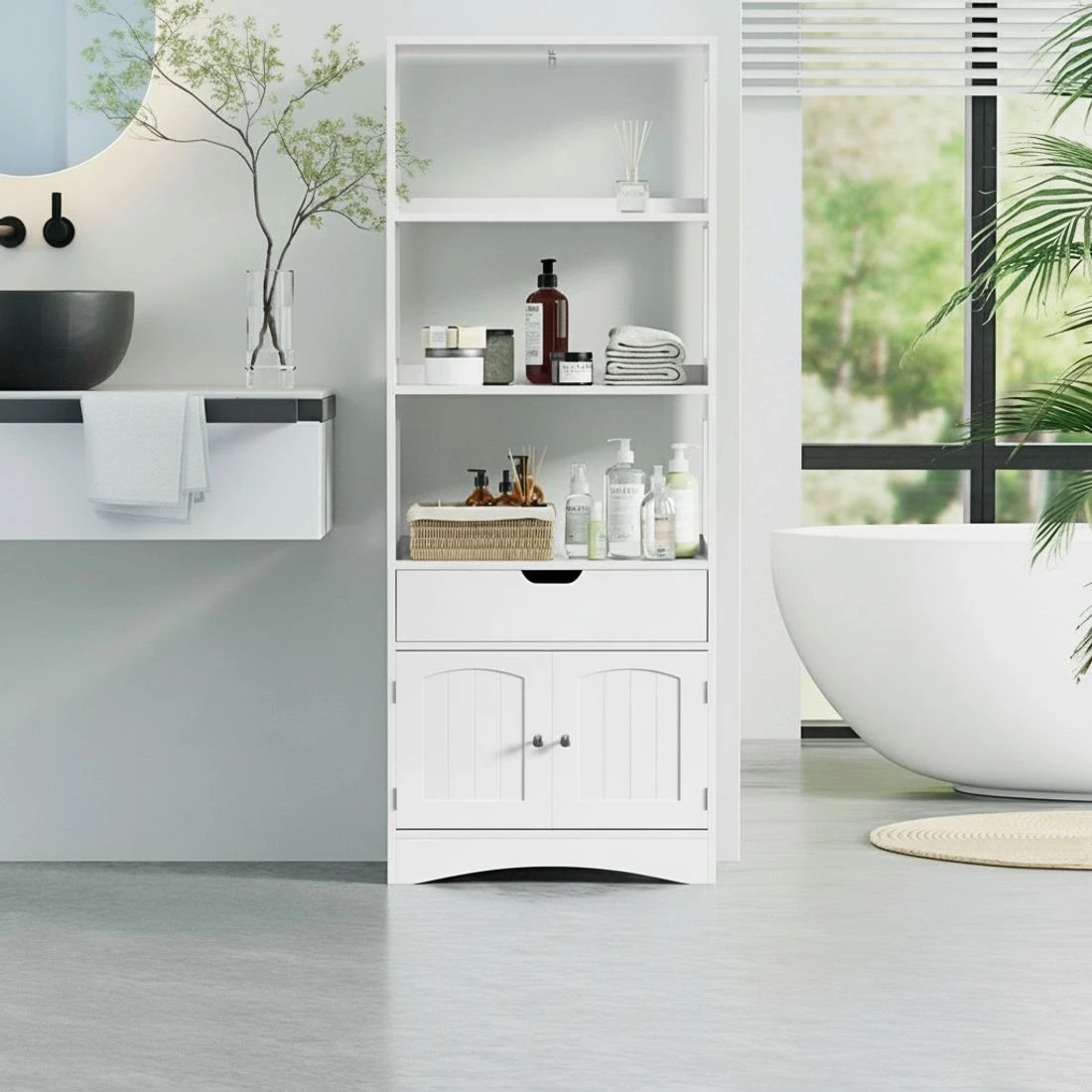 6 Artiss Bathroom Floor Storage Cabinet with 2 Drawers 3 Open Shelves 2 Doors - White, 6 of 8