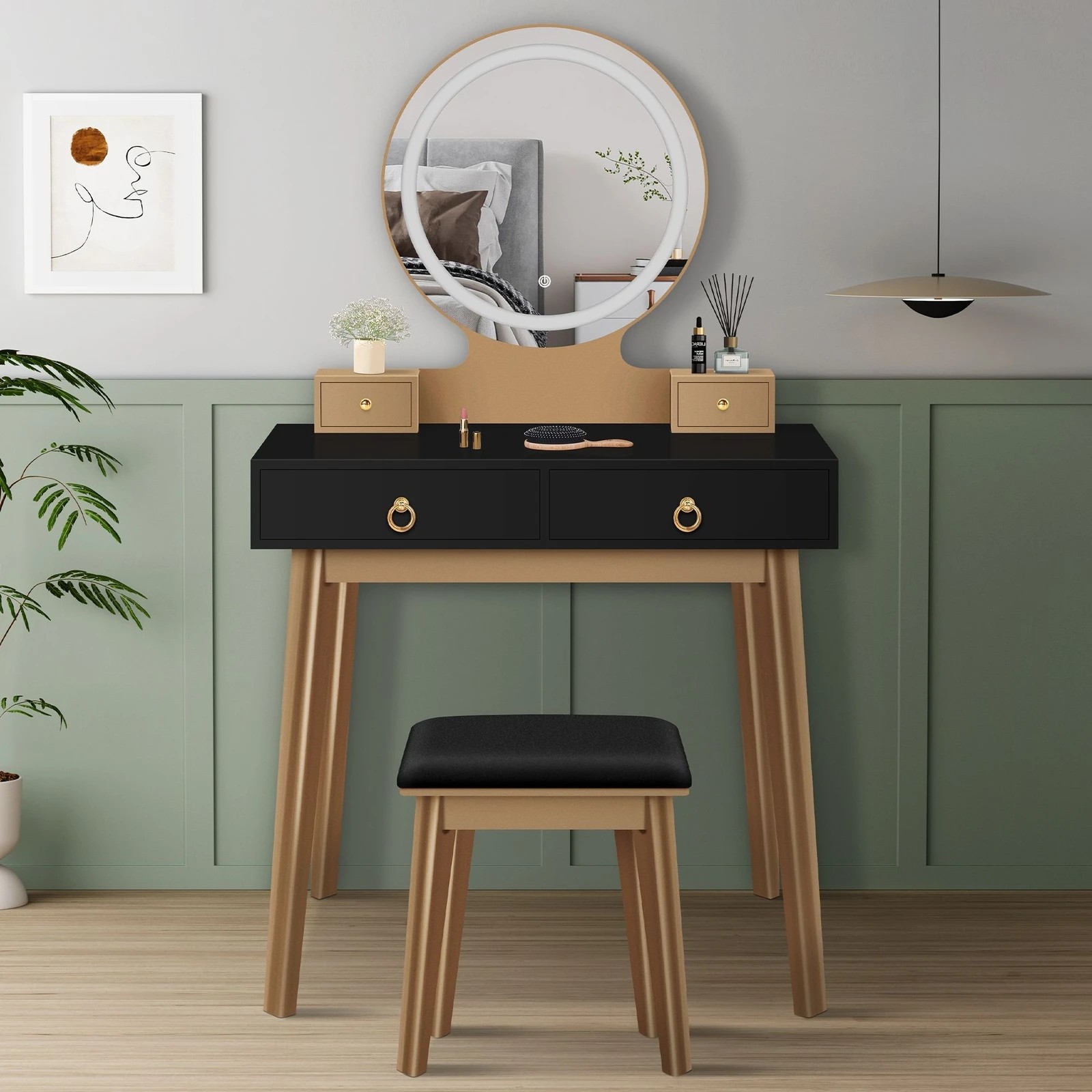 3 Alfordson Dressing Table Stool Set Makeup Mirror Vanity Desk LED Light - Black, 3 of 10