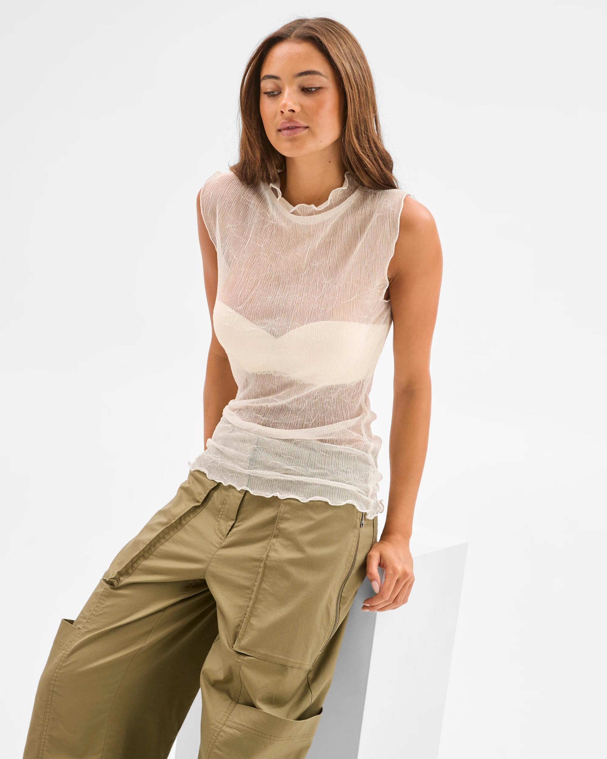 6 Lily Loves Sheer Plisse Sleeveless Top VANILLA, 6 of 7