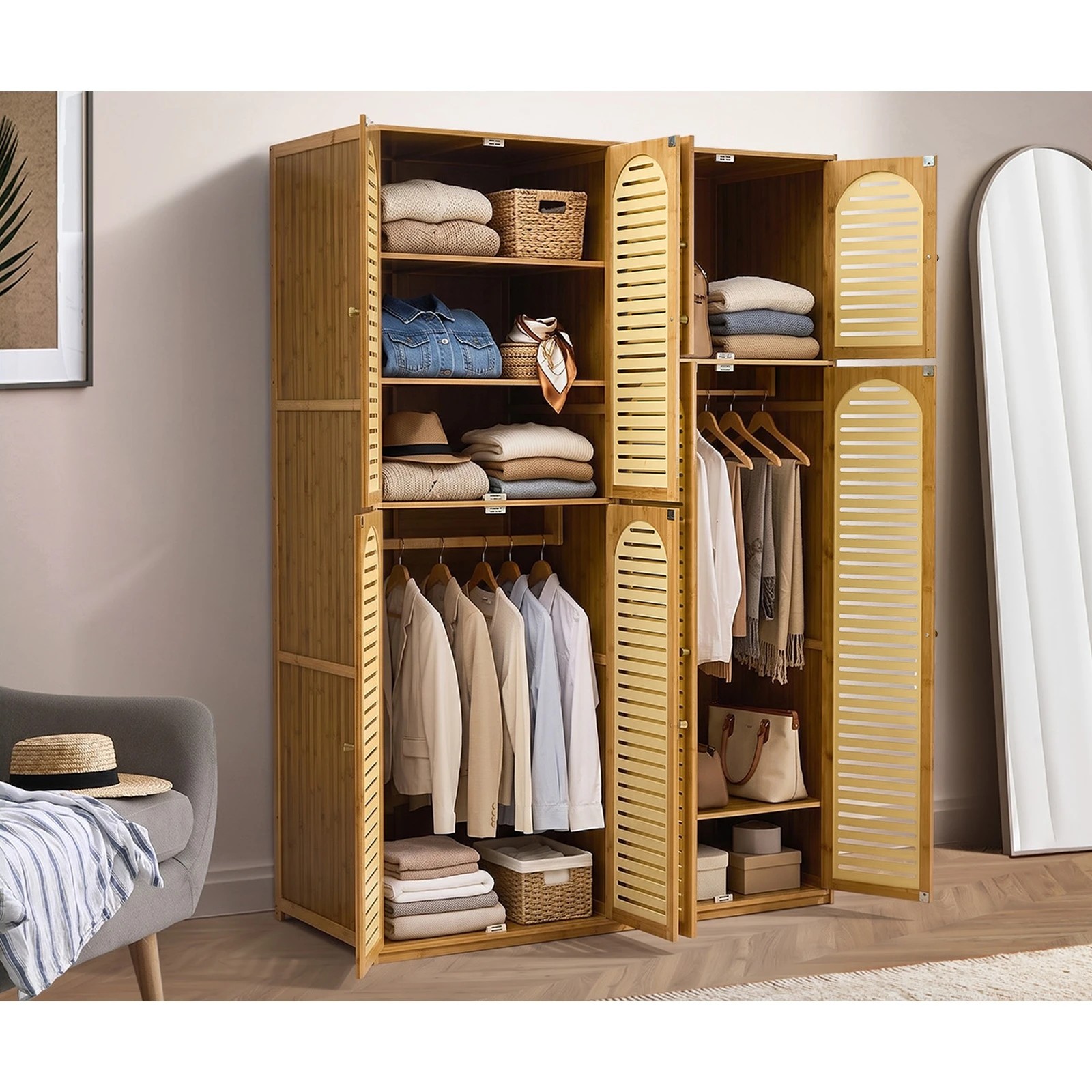 3 Oikiture Bamboo Wardrobe Large Clothes Storage Cabinet 8 Doors with 7 Shelves - Natural, 3 of 5