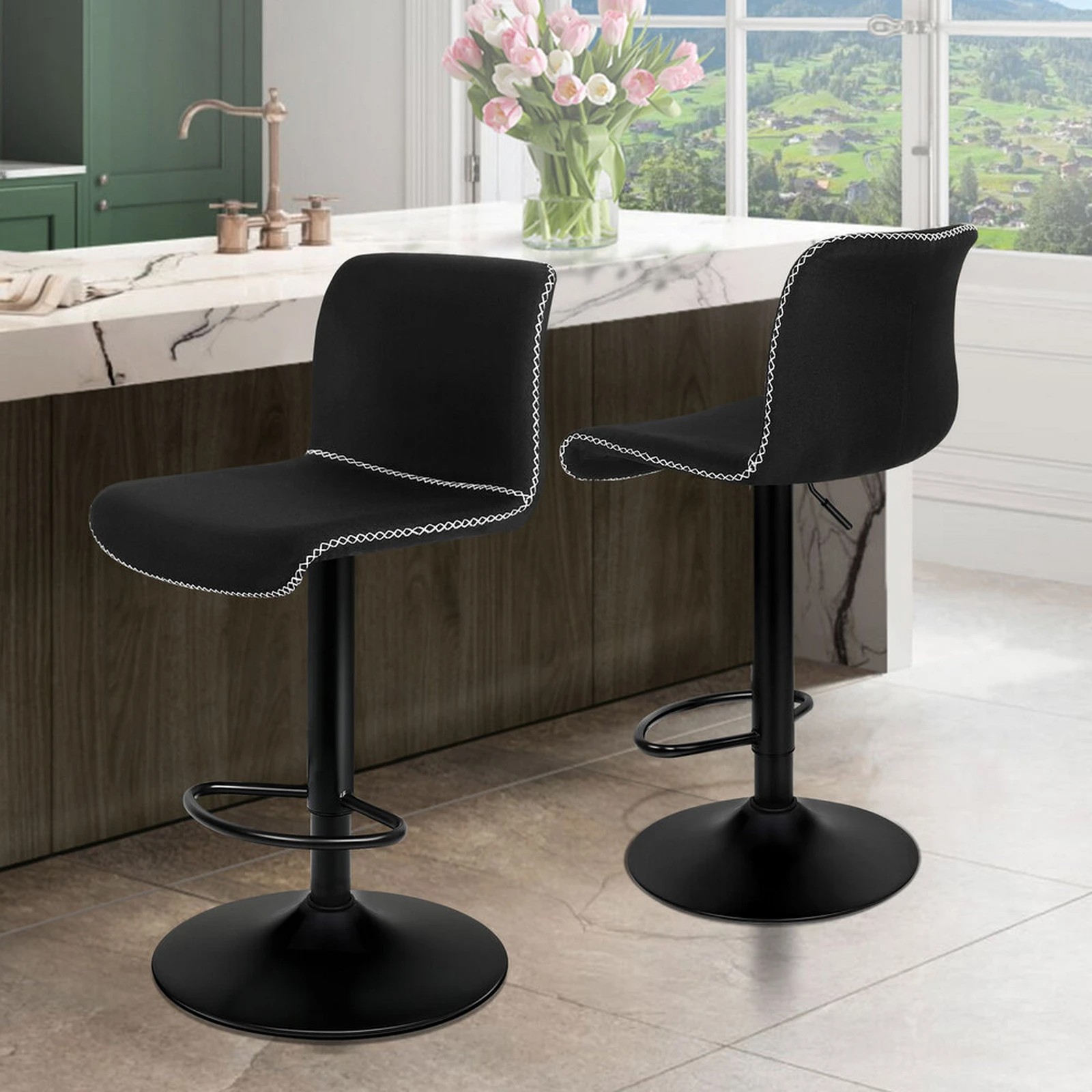 8 Alfordson 2x Bar Stools Remy Kitchen Gas Lift Swivel Vintage Chair Fabric - Black, 8 of 10