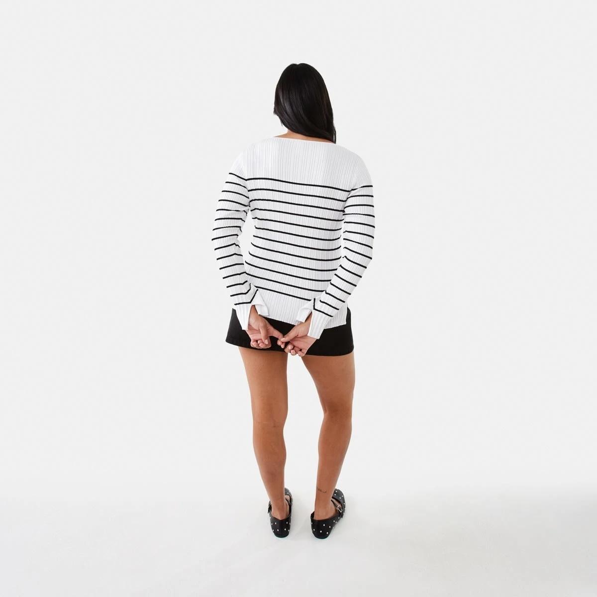 4 Long Sleeve Rib Boat Neck Top BLACK STRIPE, 4 of 9