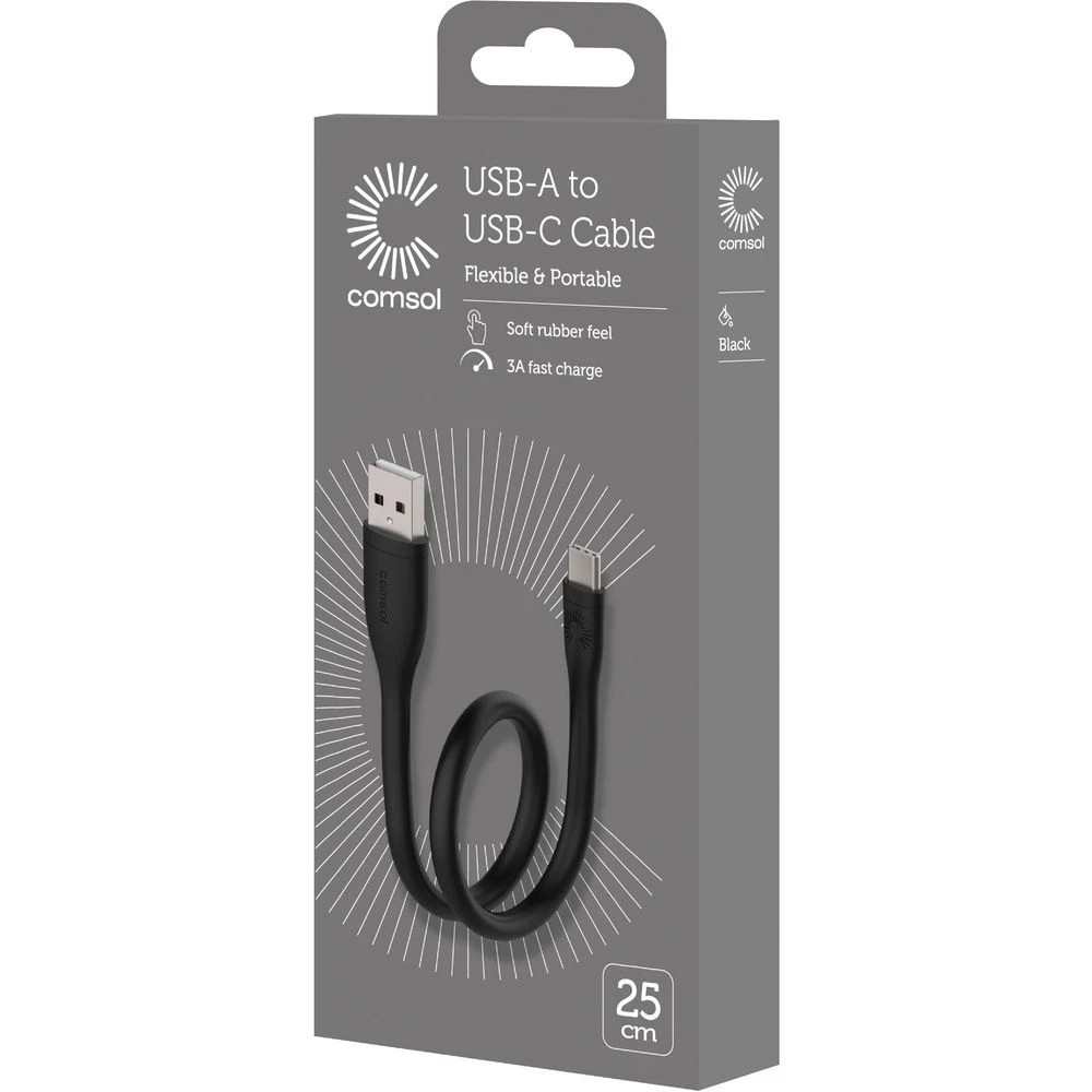 3 Comsol Silicone USB-A to USB-C Cable 25cm Black, 3 of 3
