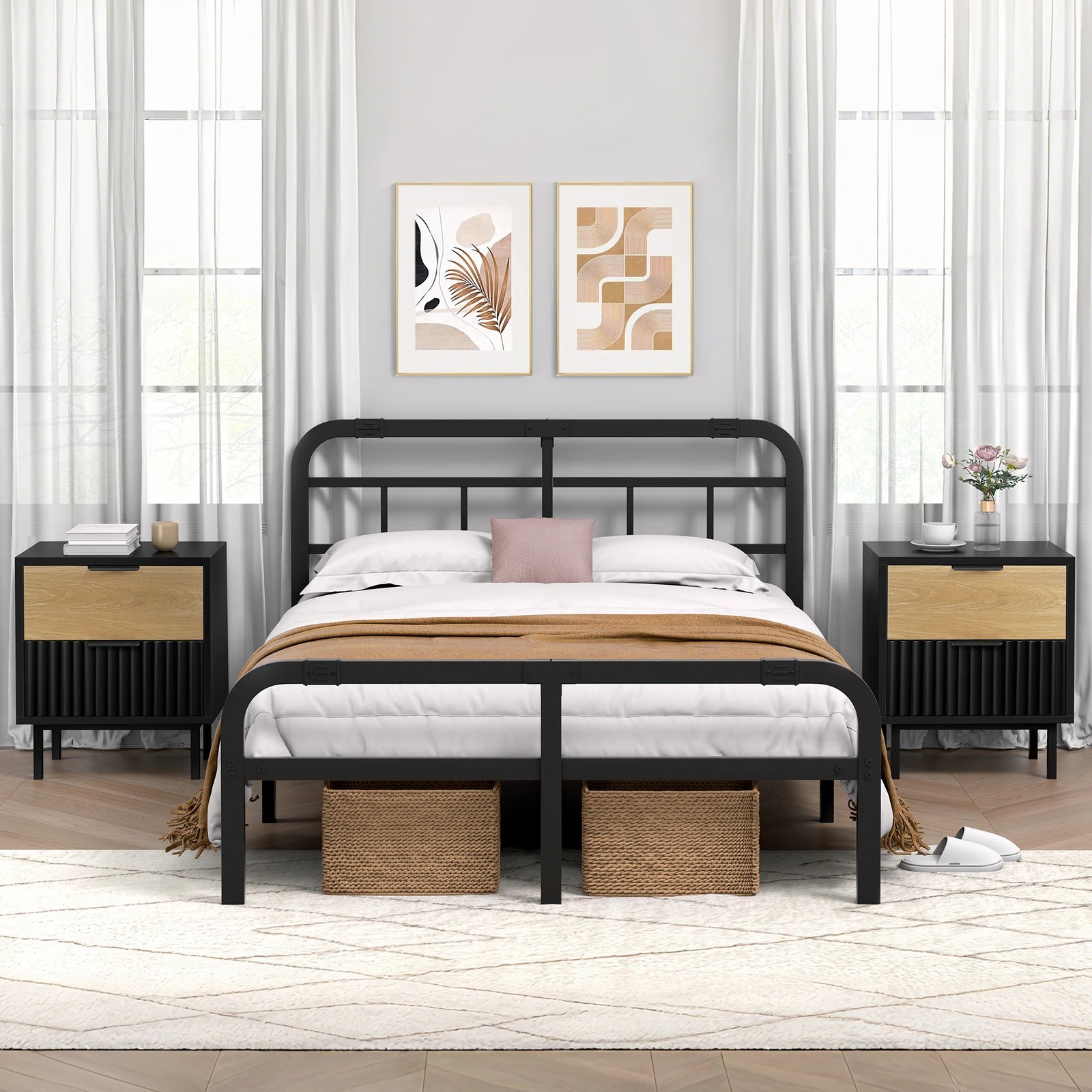 3 Alfordson Bedside Table Nightstand 2 Drawers Side Storage Cabinet - Black Wood, 3 of 10