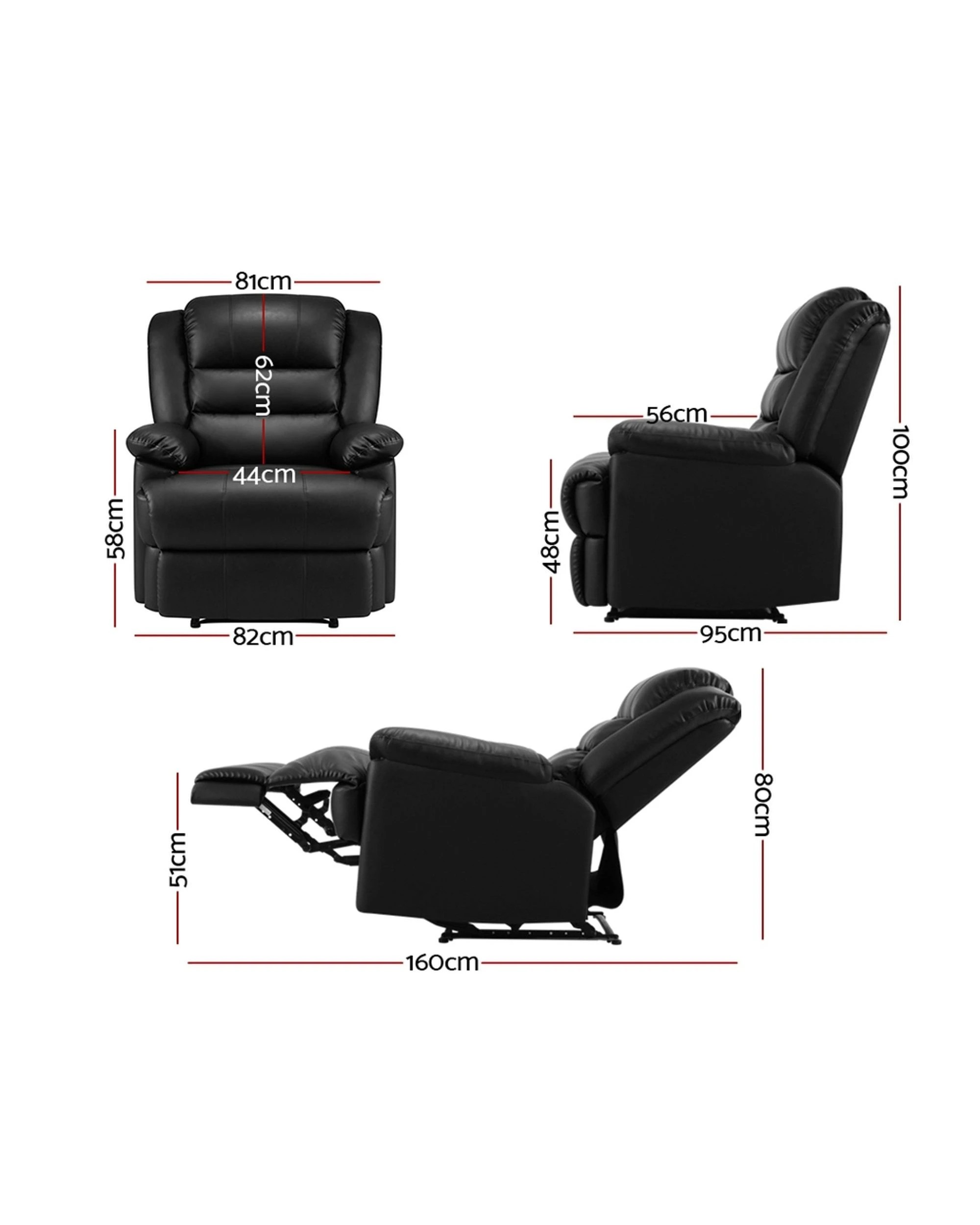 2 Artiss Recliner Chair Leather  Cissy - Black, 2 of 4