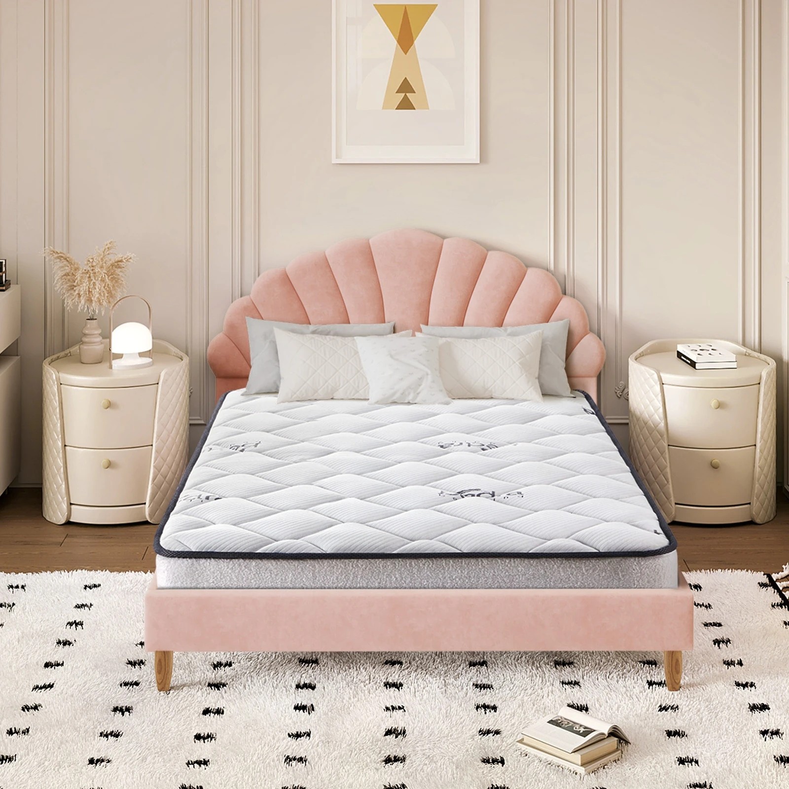 4 Oikiture Bed Frame Double Size Scallop-Shape Bedhead Velvet with Mattress - Pink, 4 of 8