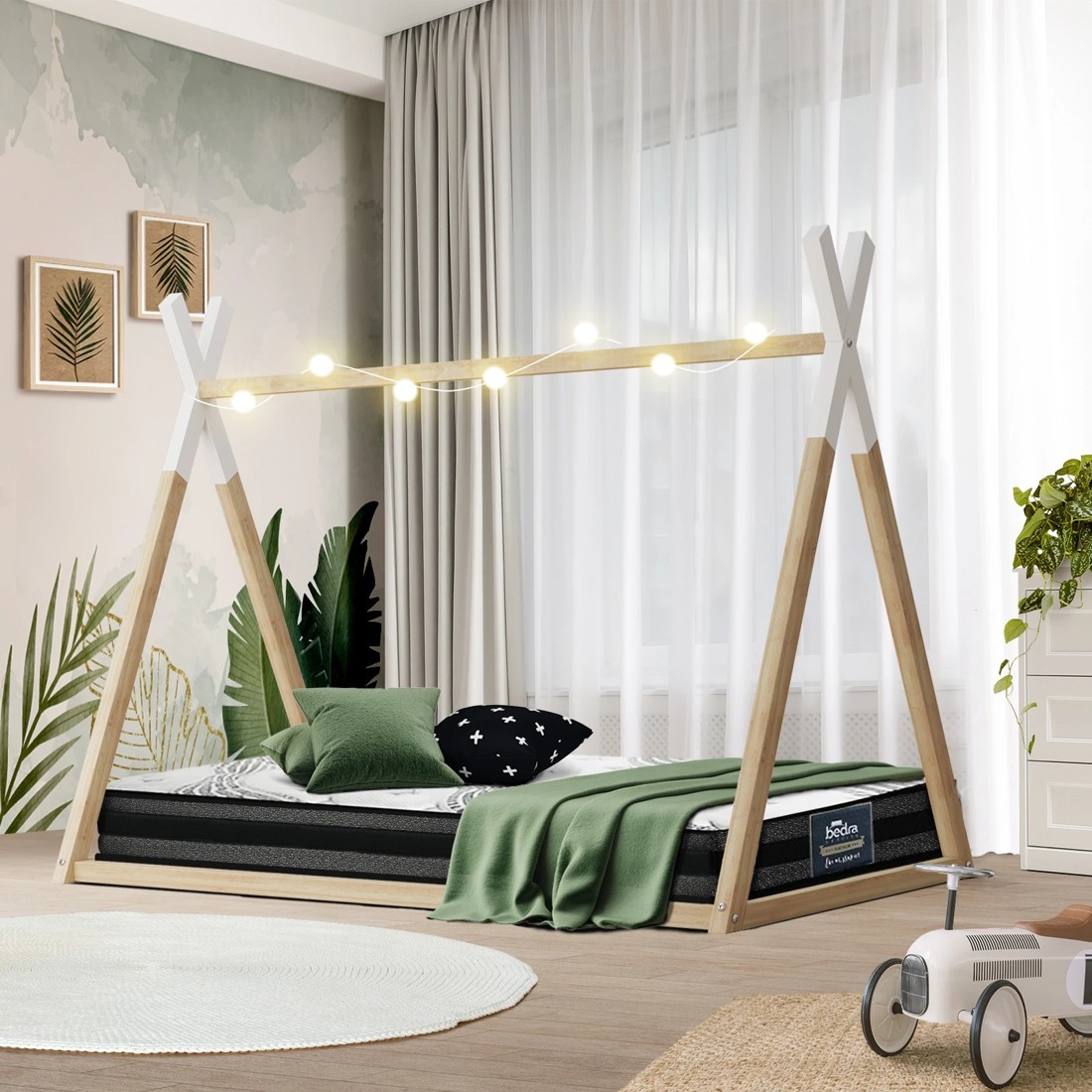 2 Oikiture Kids Bed Frame With Single Mattress Set Teepee House Style
 - Multi, 2 of 10