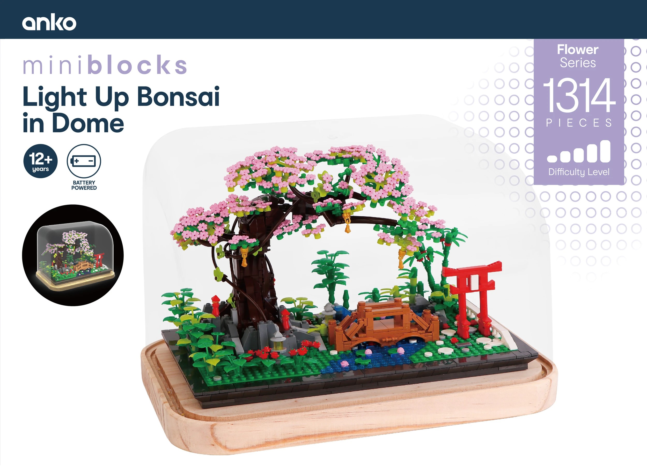 1 1314 Piece Mini Blocks Flower Series: Light Up Bonsai in Dome, 1 of 4
